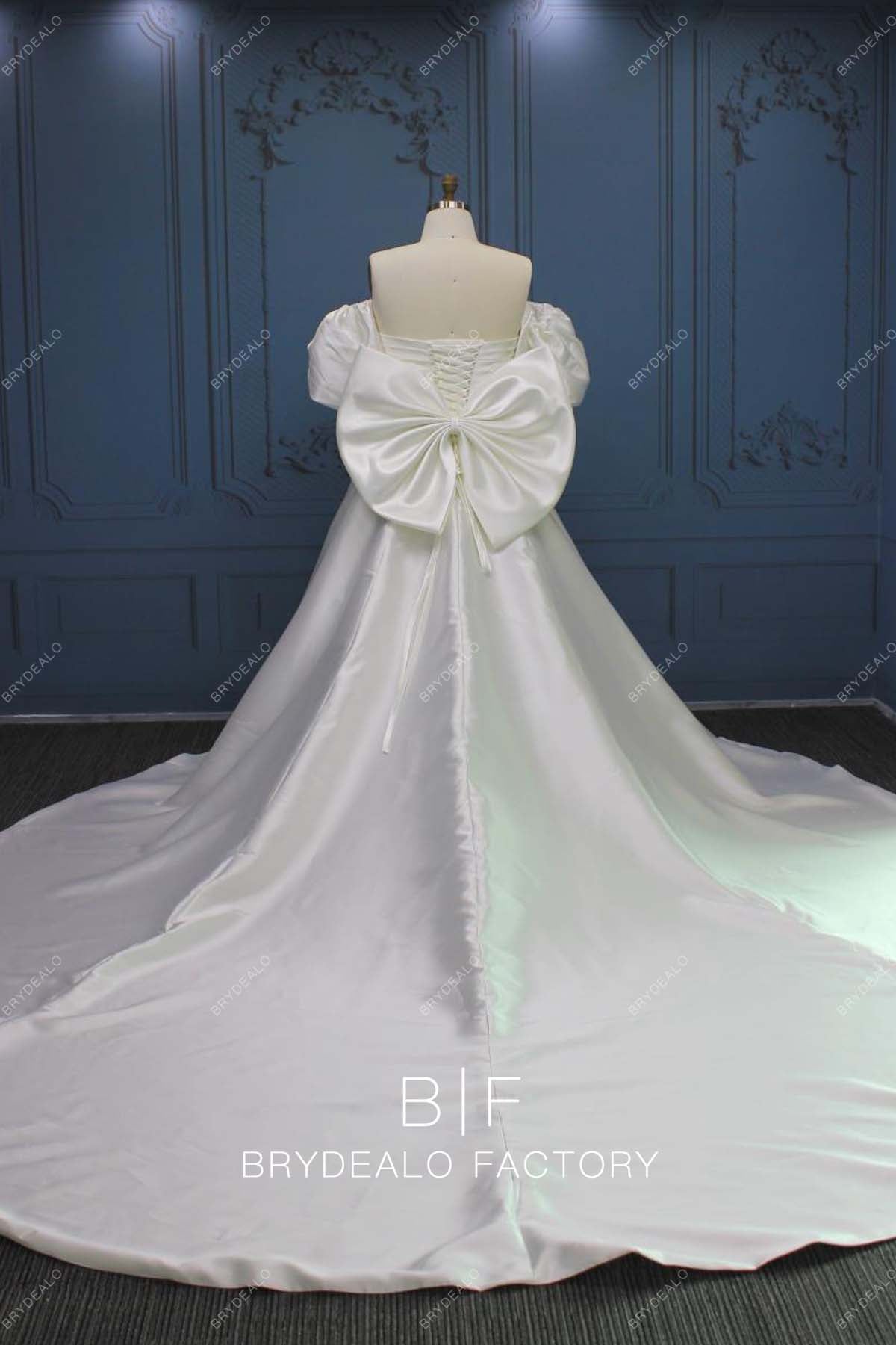 big bow satin long train wedding gown