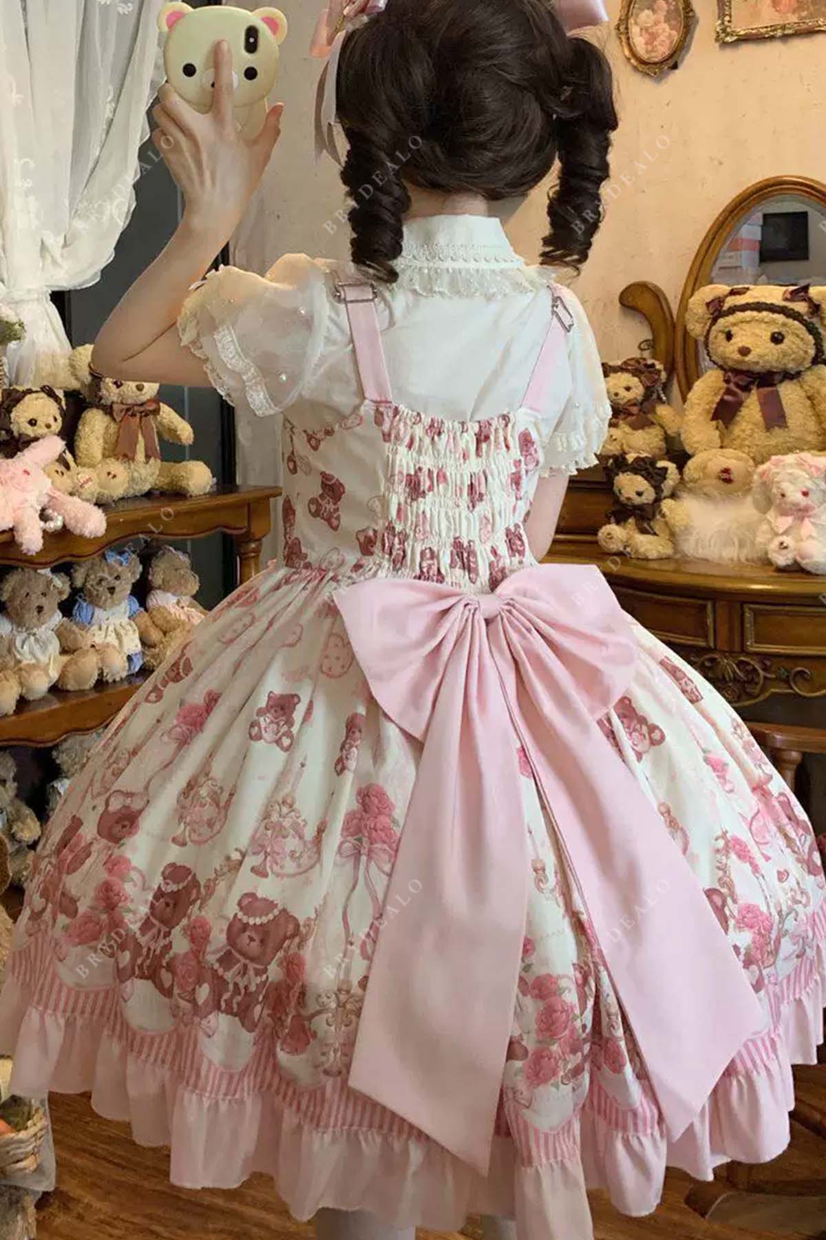 Robe Courte Lolita Évasée Manches Longues Bouffantes Bicolore