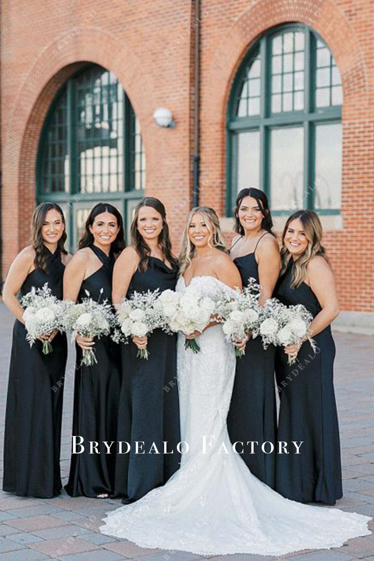 black a line floor length mismatched bridesmaid dresses