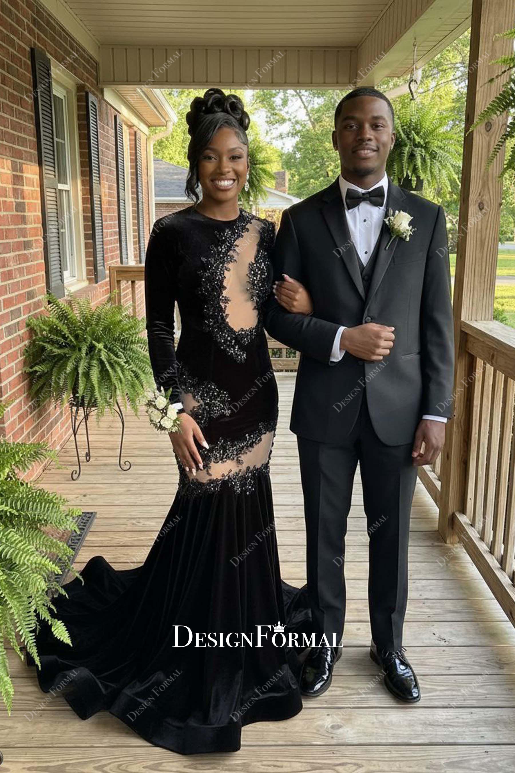 black beaded asymmetrical cutout trumpet prom dress