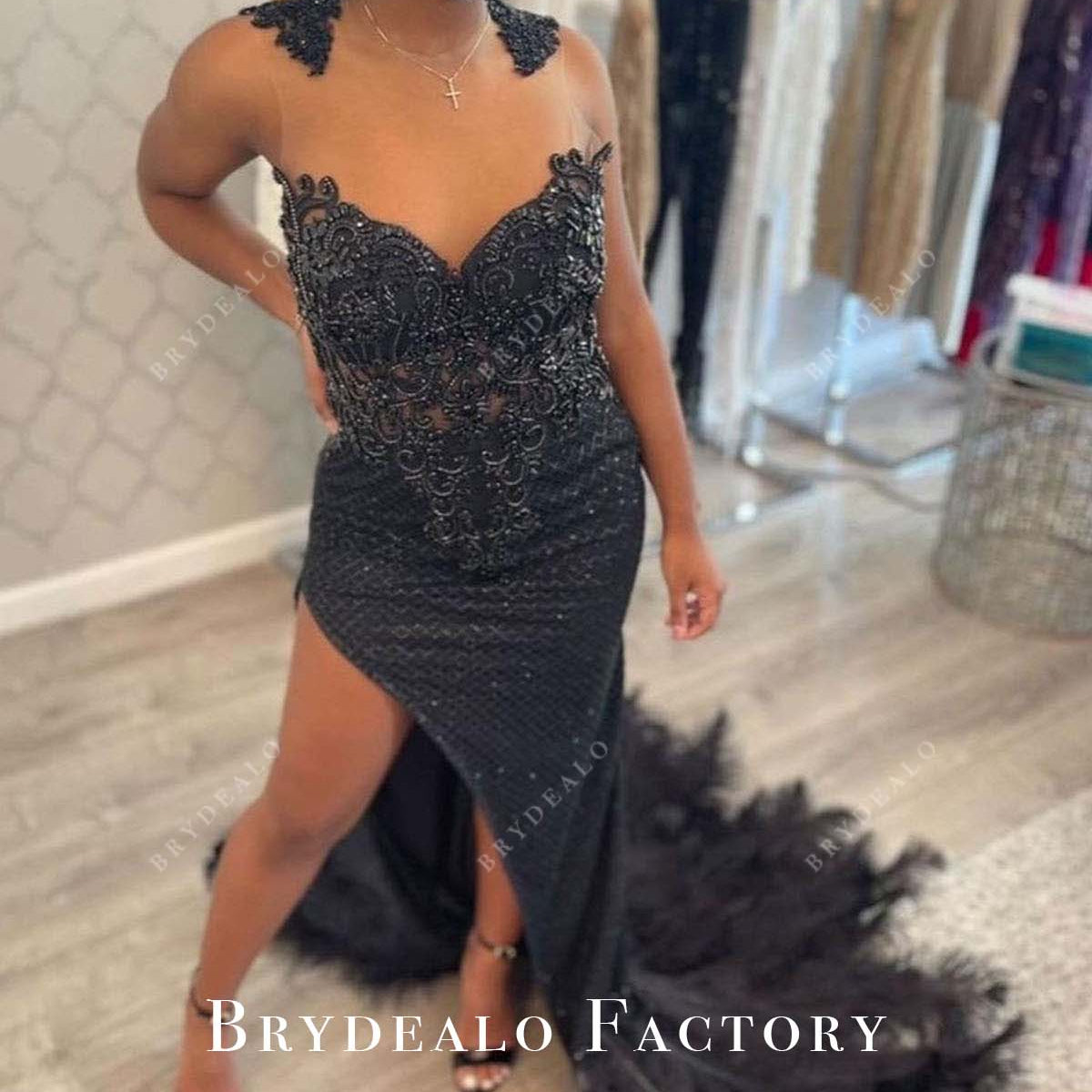 white christmas dresses Black Sleeveless Mermaid Feathered Thigh Slit Prom Dress
