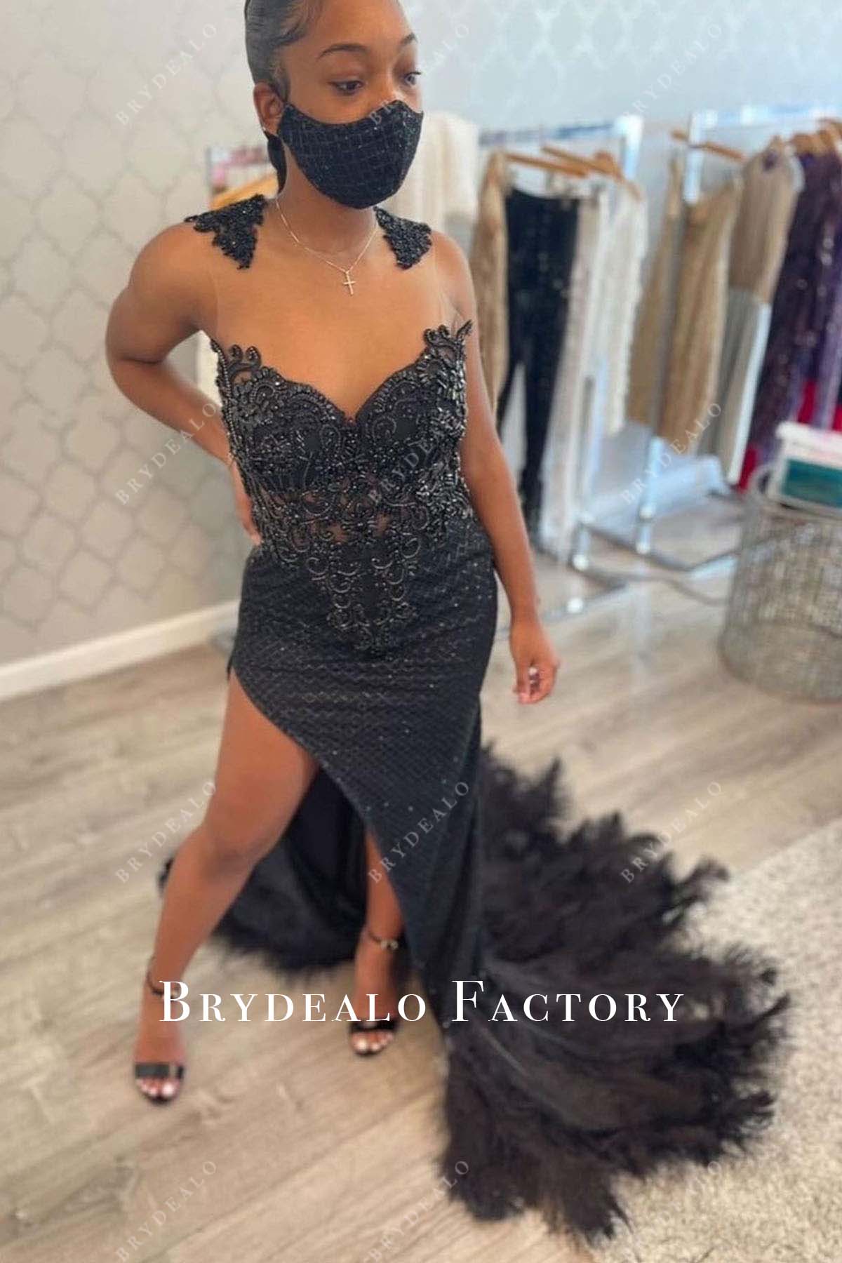 black beaded feathered prom dress