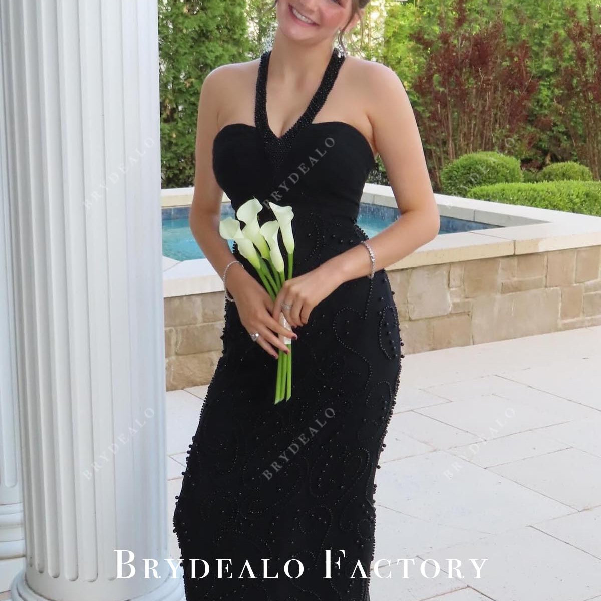 blue dress for baby girl Black Beaded Halter V-Neck Slit Column Prom Dress