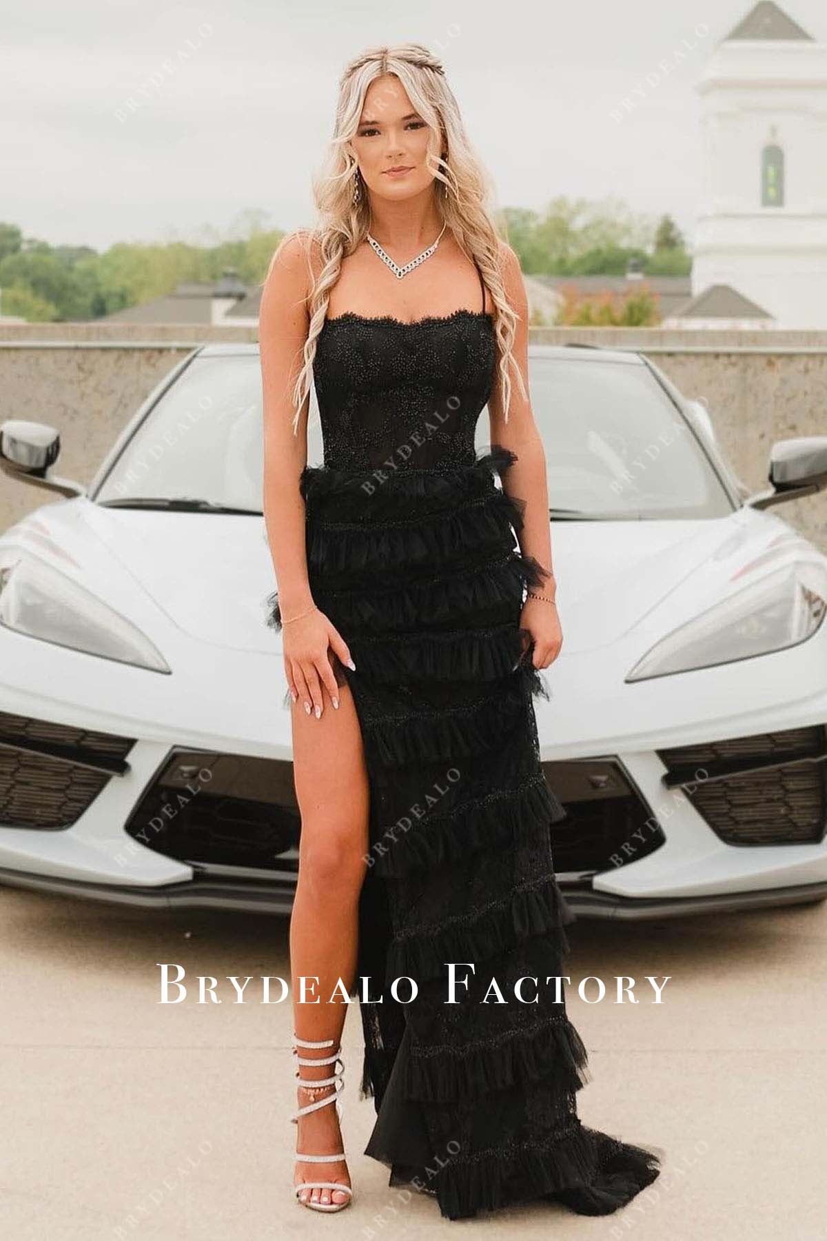 black beaded tiered slit prom dress