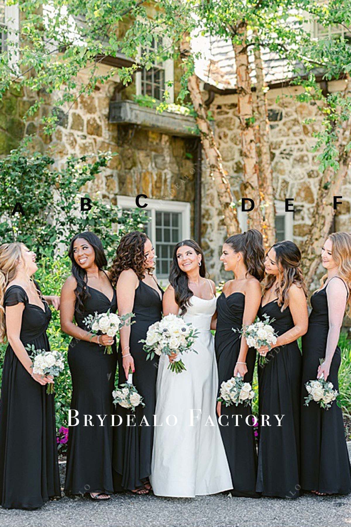 black chiffon floor length mismatched bridesmaid dresses