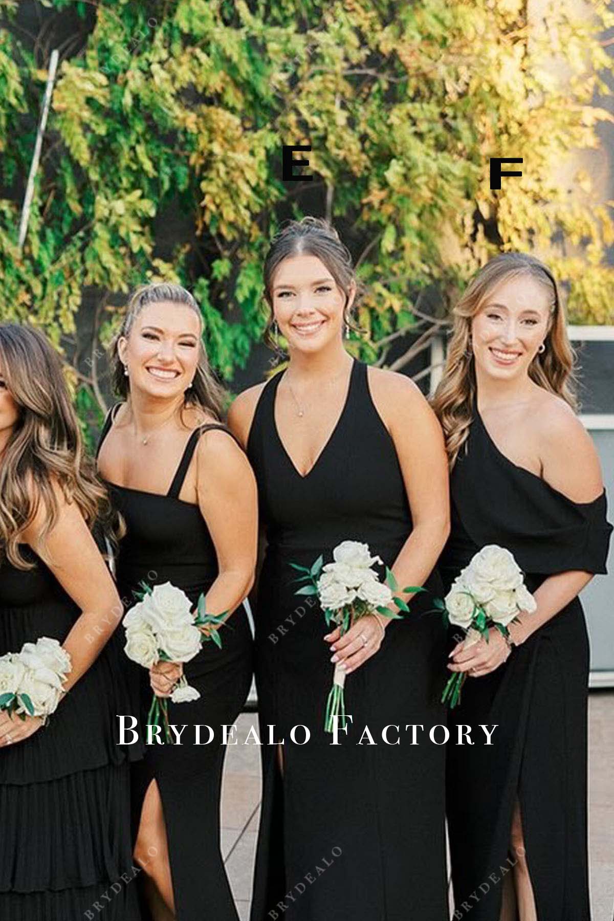 black chiffon slit mismatched bridesmaid dresses