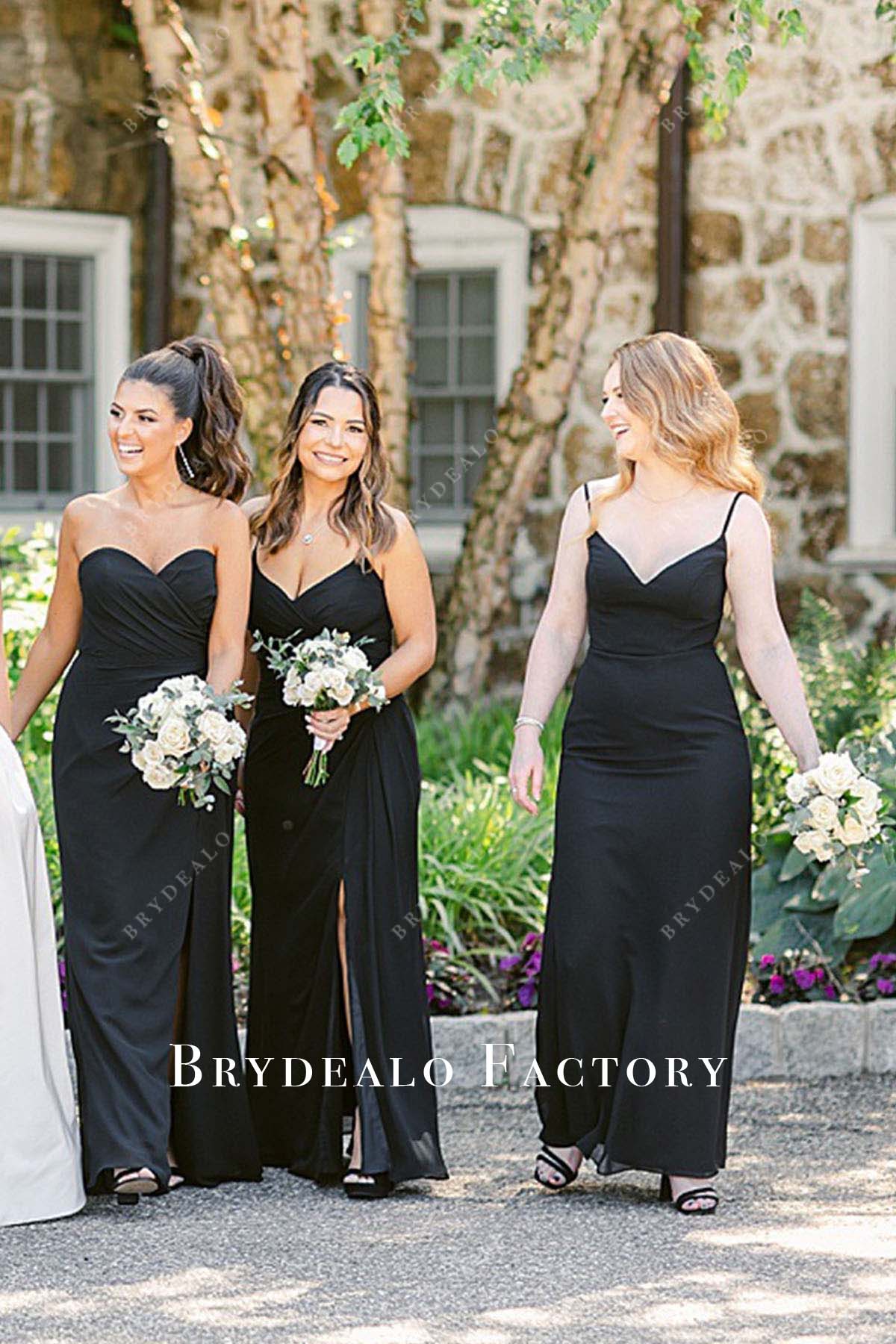 black chiffon slit mismatched bridesmaid dresses