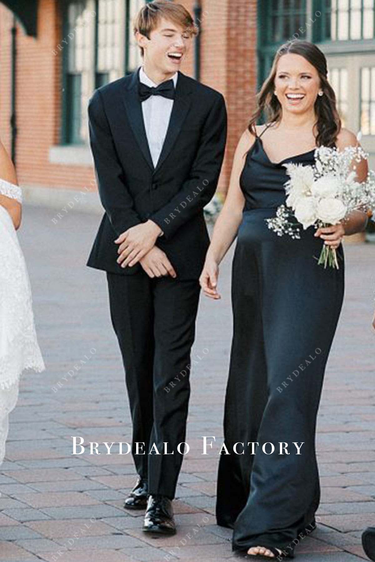 black cowl neck floor length bridesmaid dress