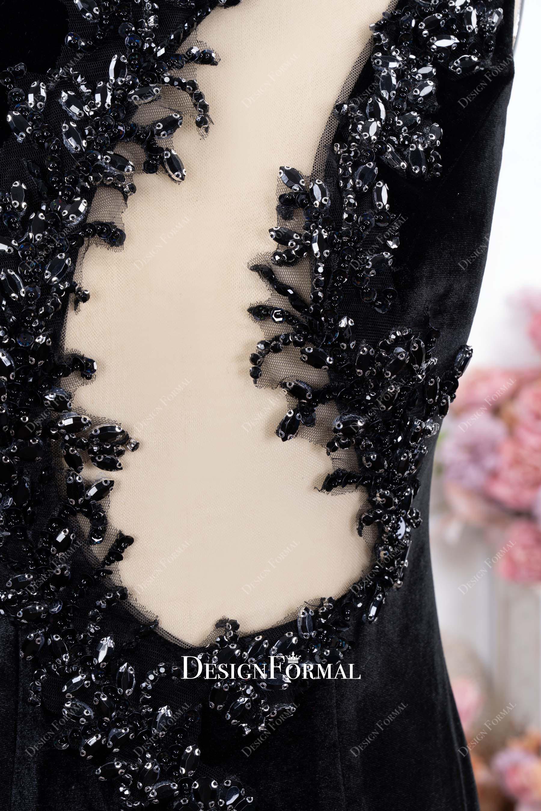 black crystals trumpet prom dress