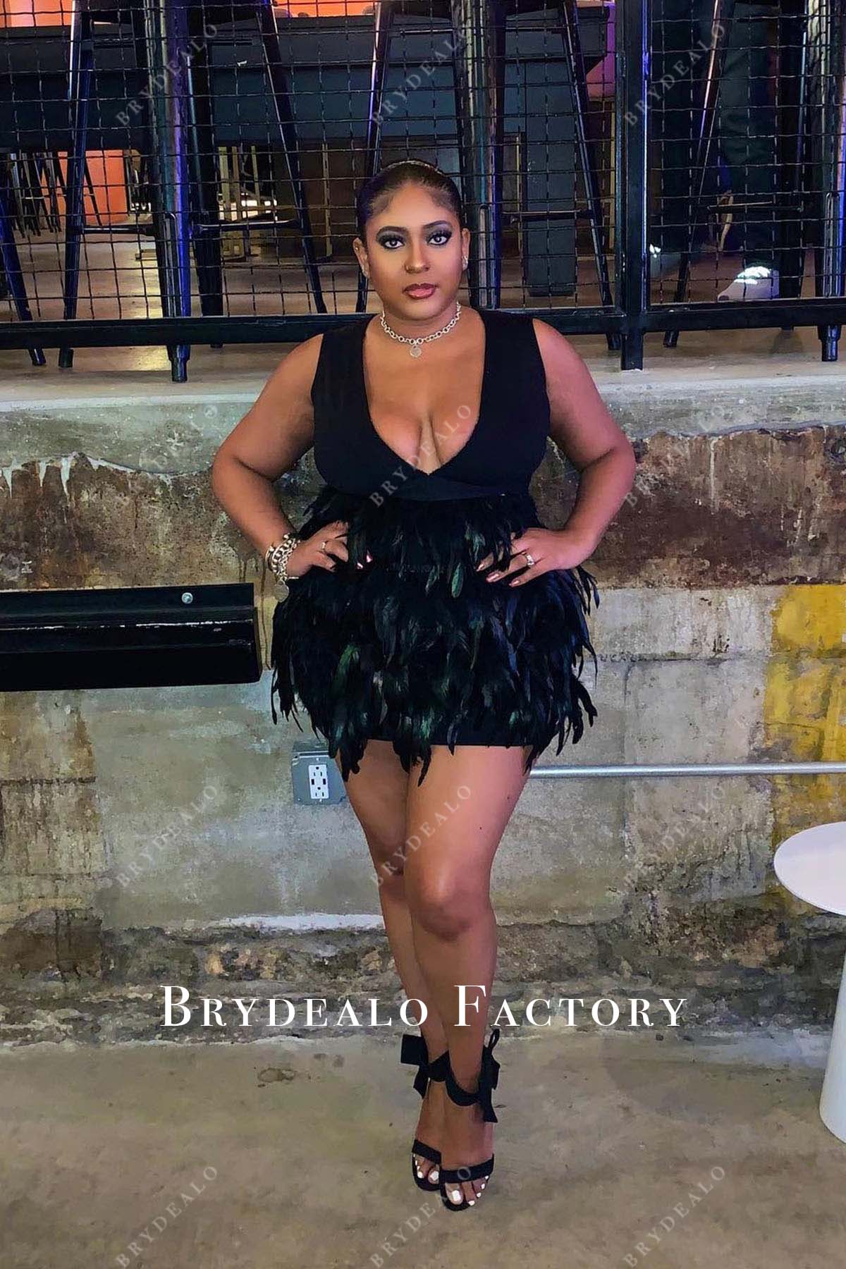 black feathered mini cocktail dress