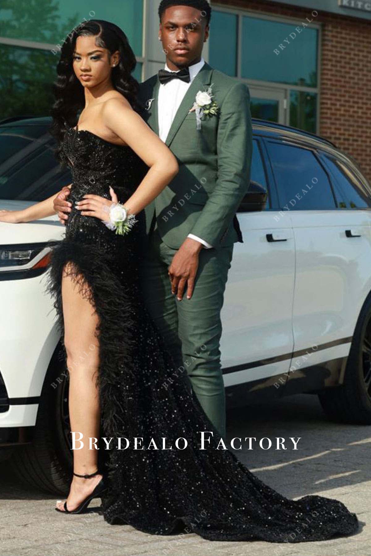 black feathered sequined prom dress