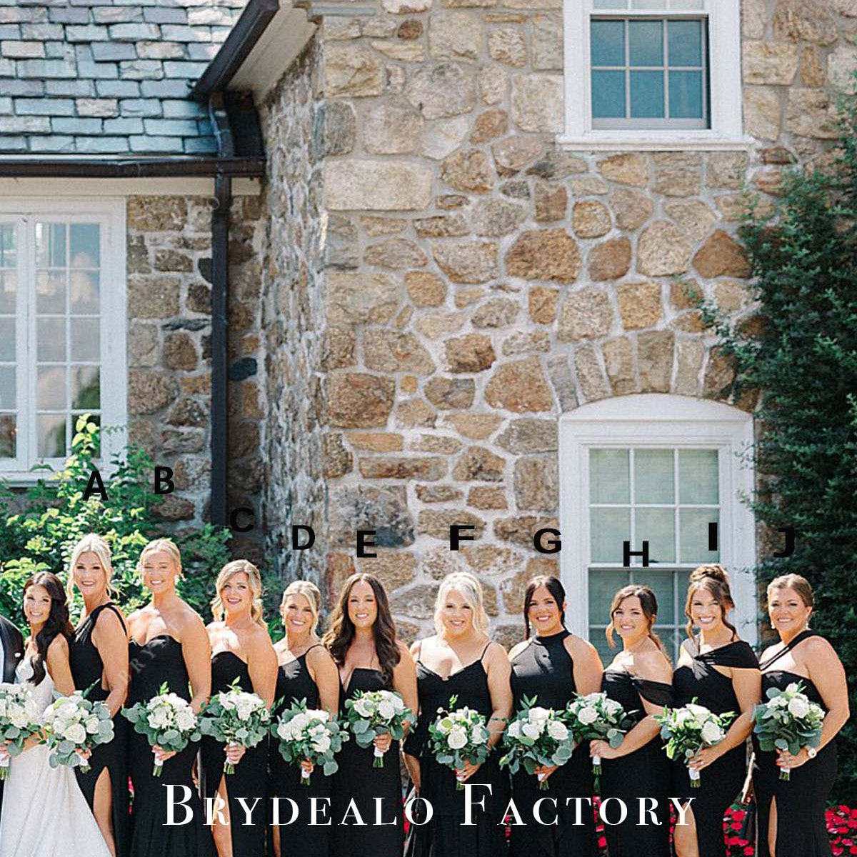black mismatched bridesmaid dresses Bridesmaids in Mismatched Black Gowns