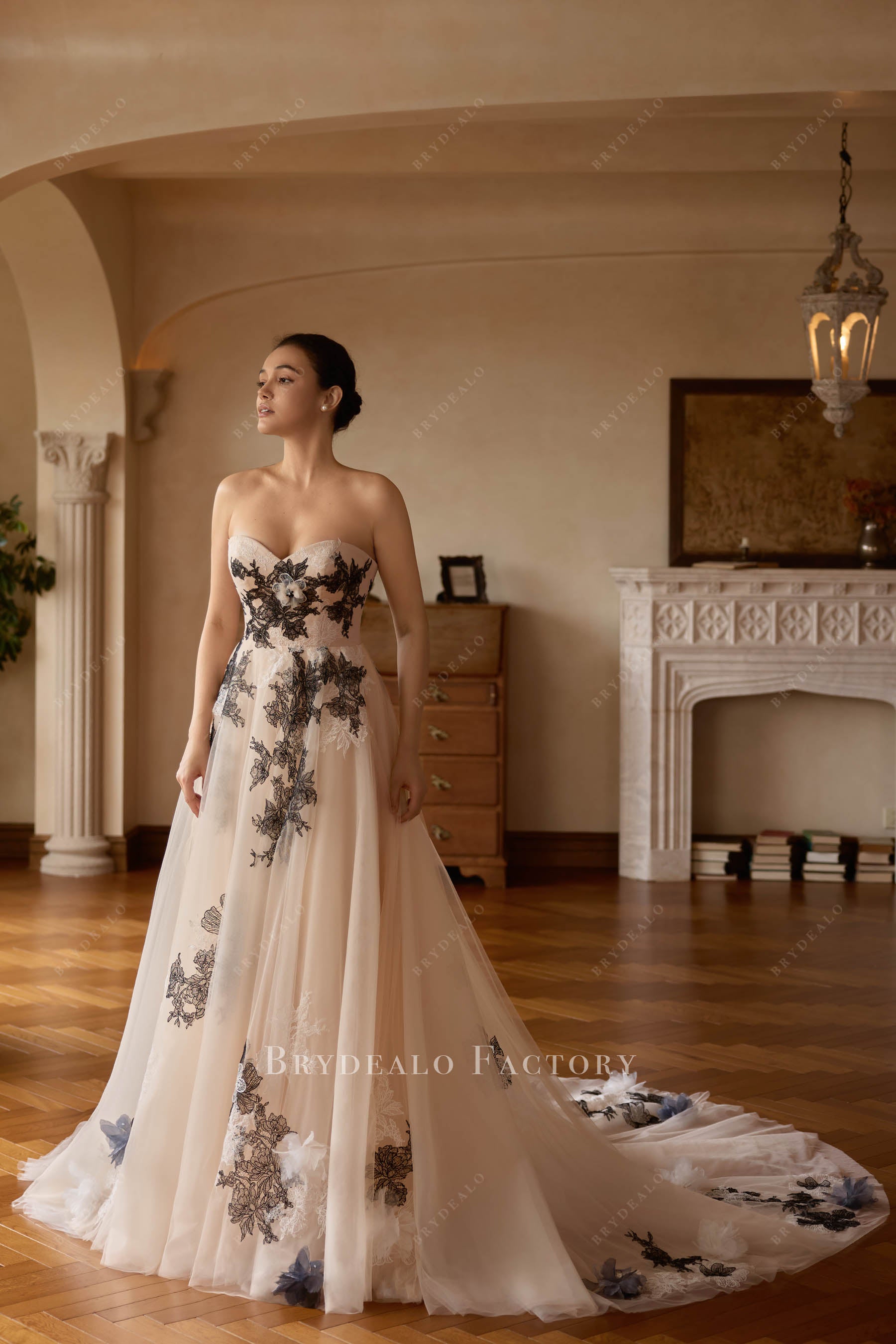 black floral lace a line wedding dress