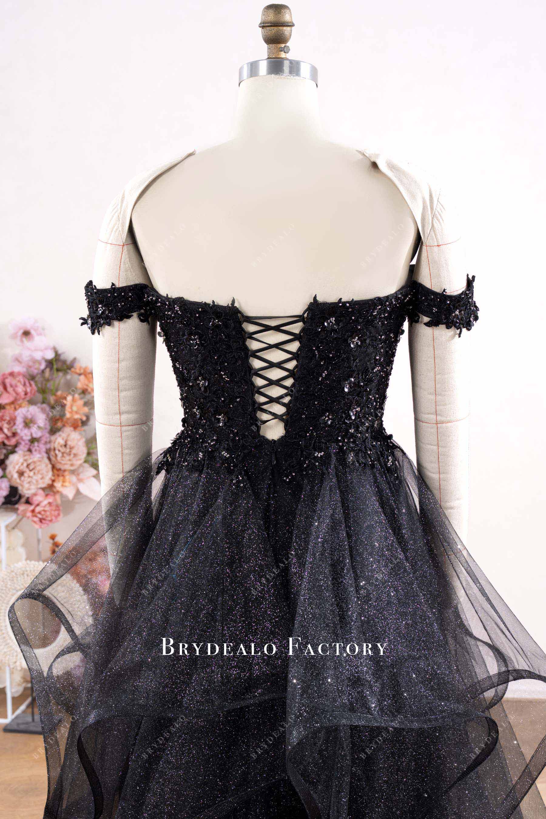 black glitter lace up back wedding dress