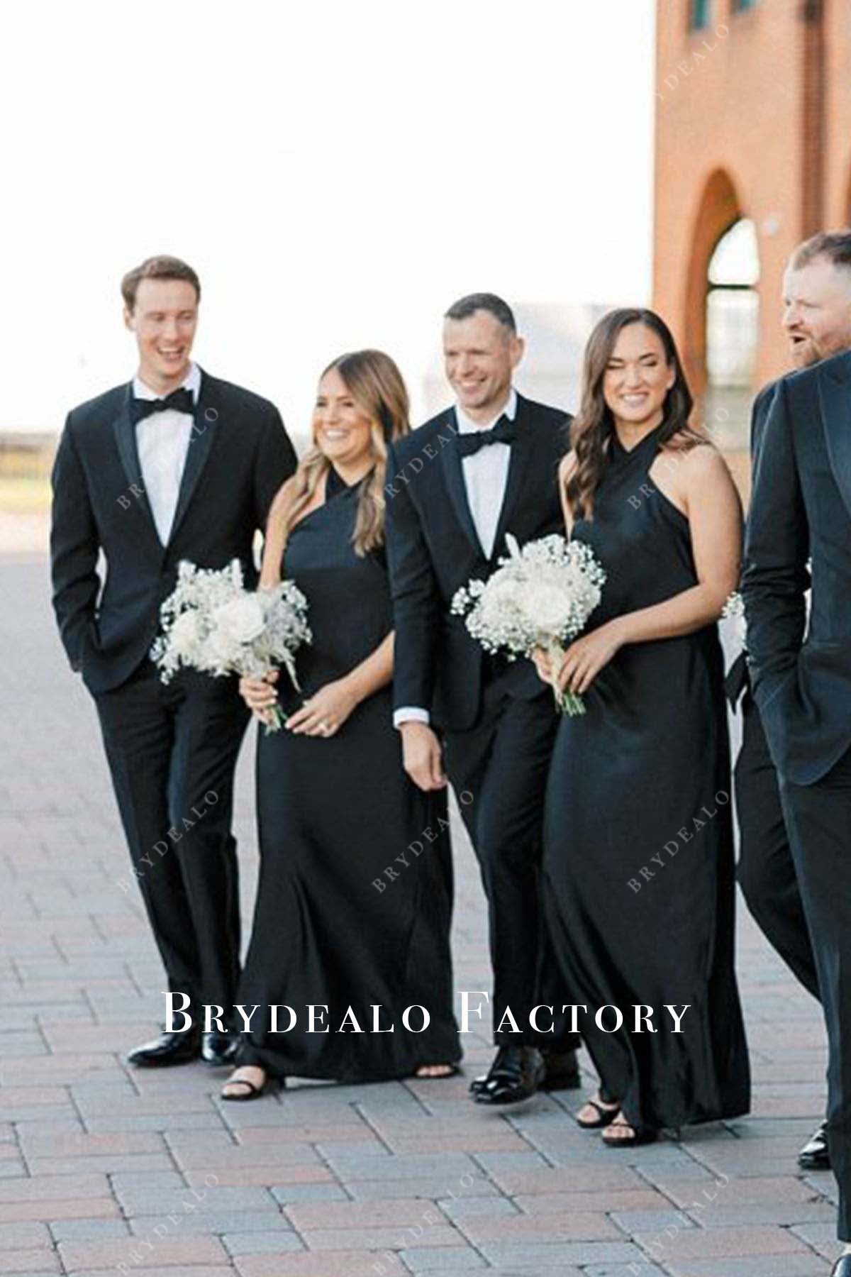 black halter floor length bridesmaid dress