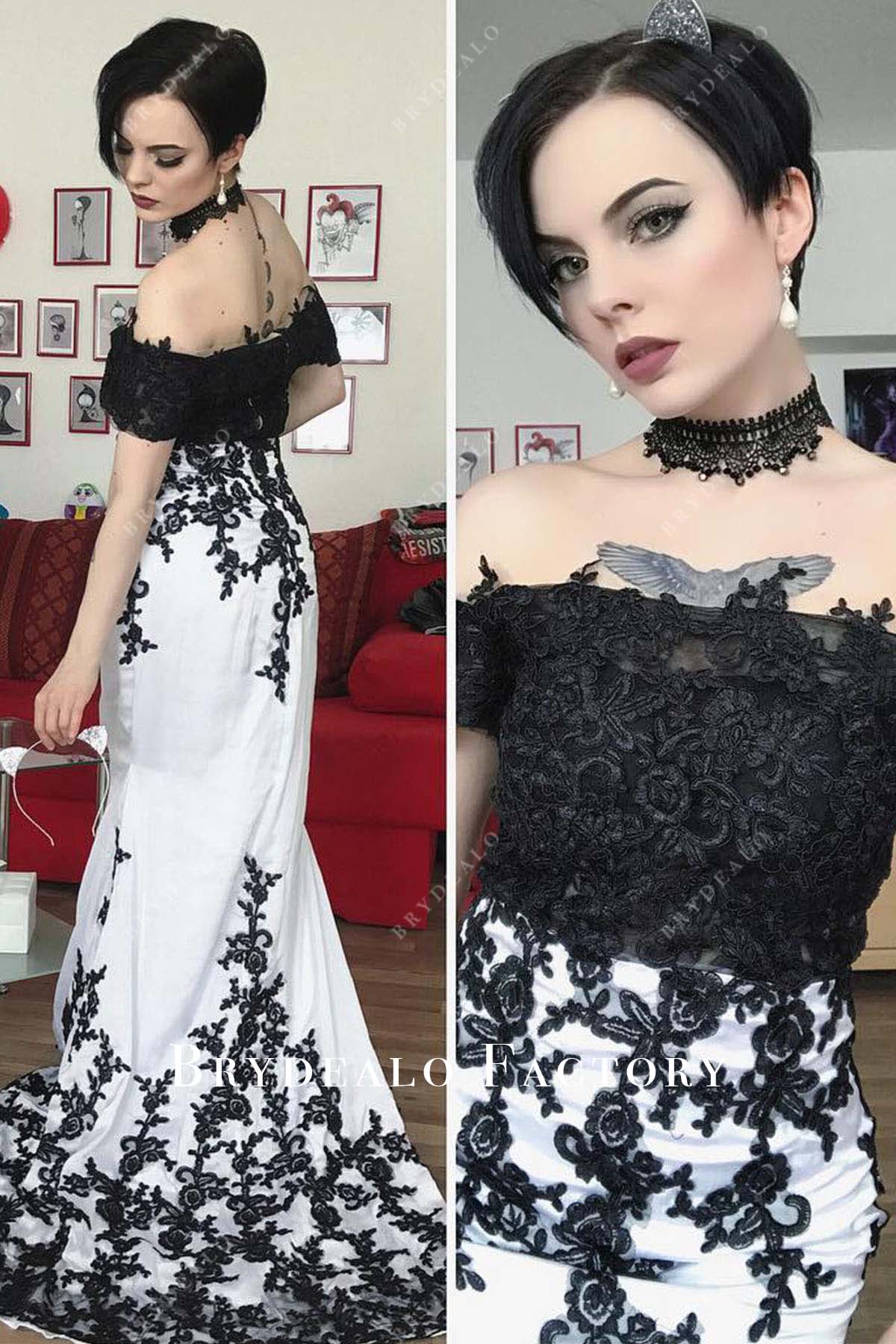 black lace appliques mermaid wedding dress