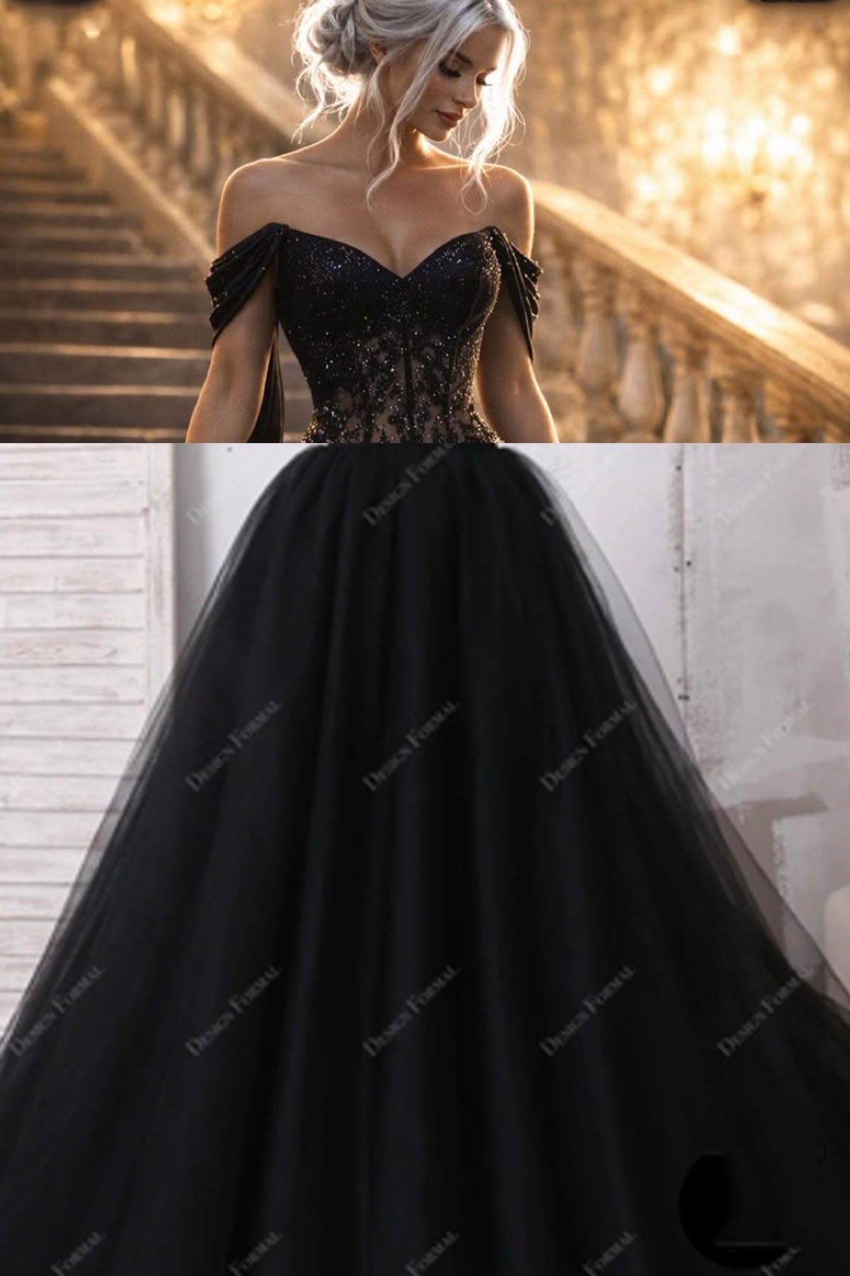 black lace applique off the shoulder puffy a line formal dress
