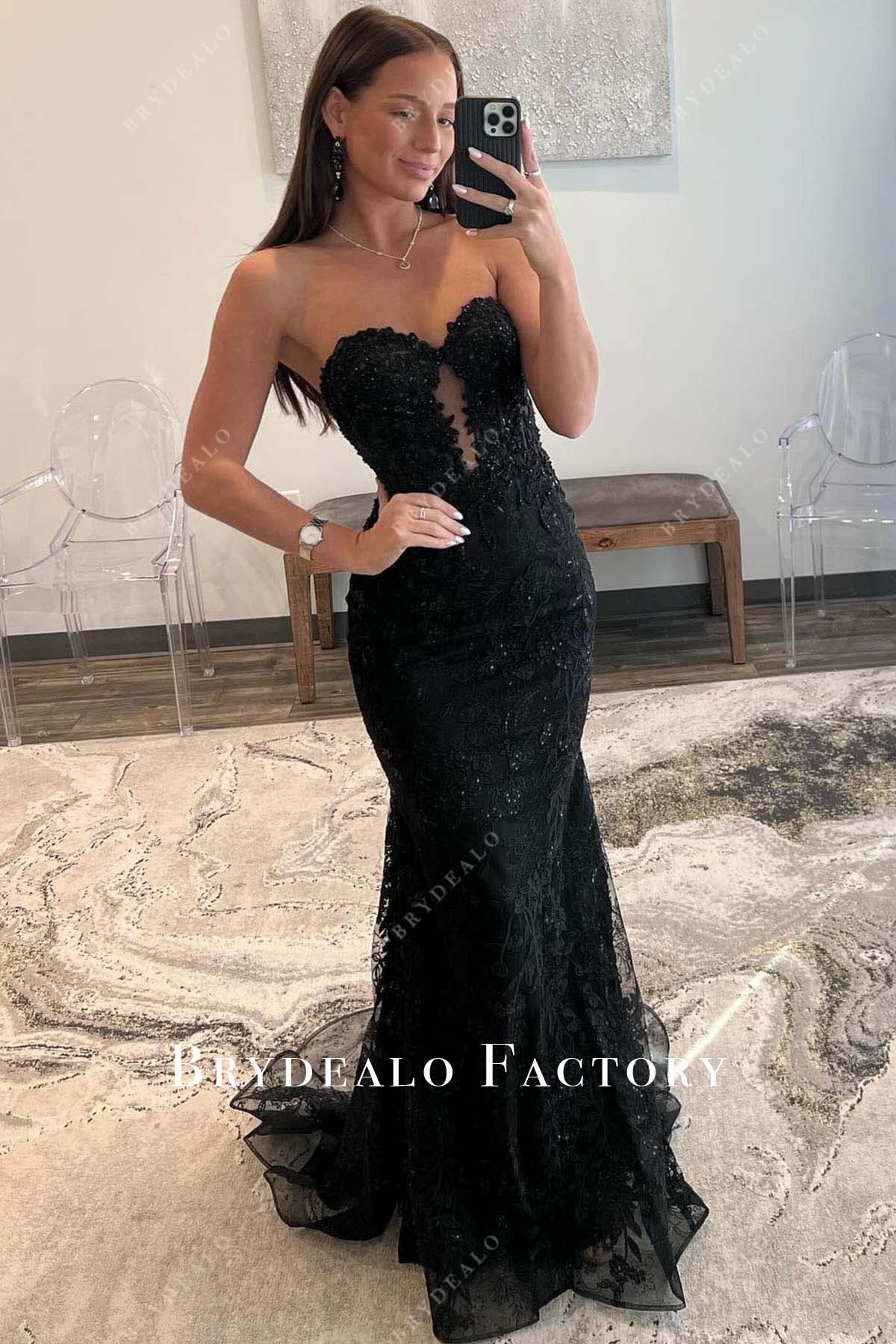 black lace appliques strapless mermaid prom dress