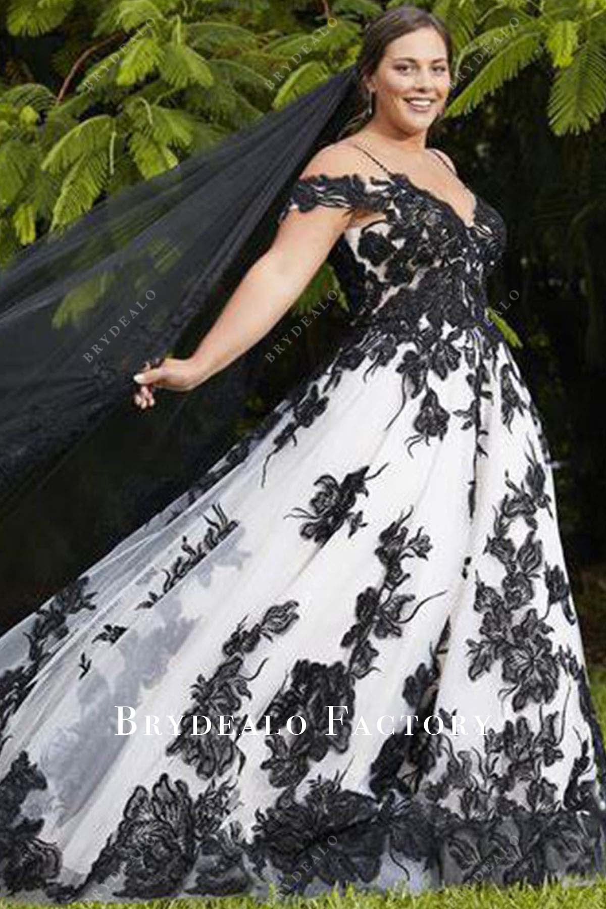 black lace appliques wedding ballgown