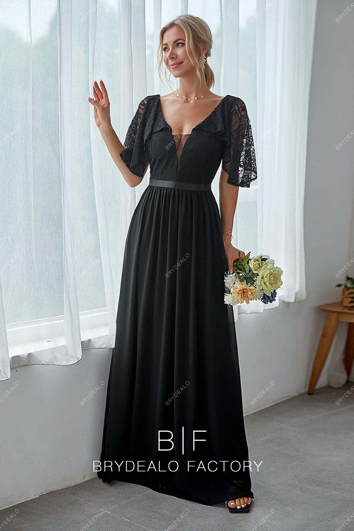 black lace chiffon bridesmaid dress