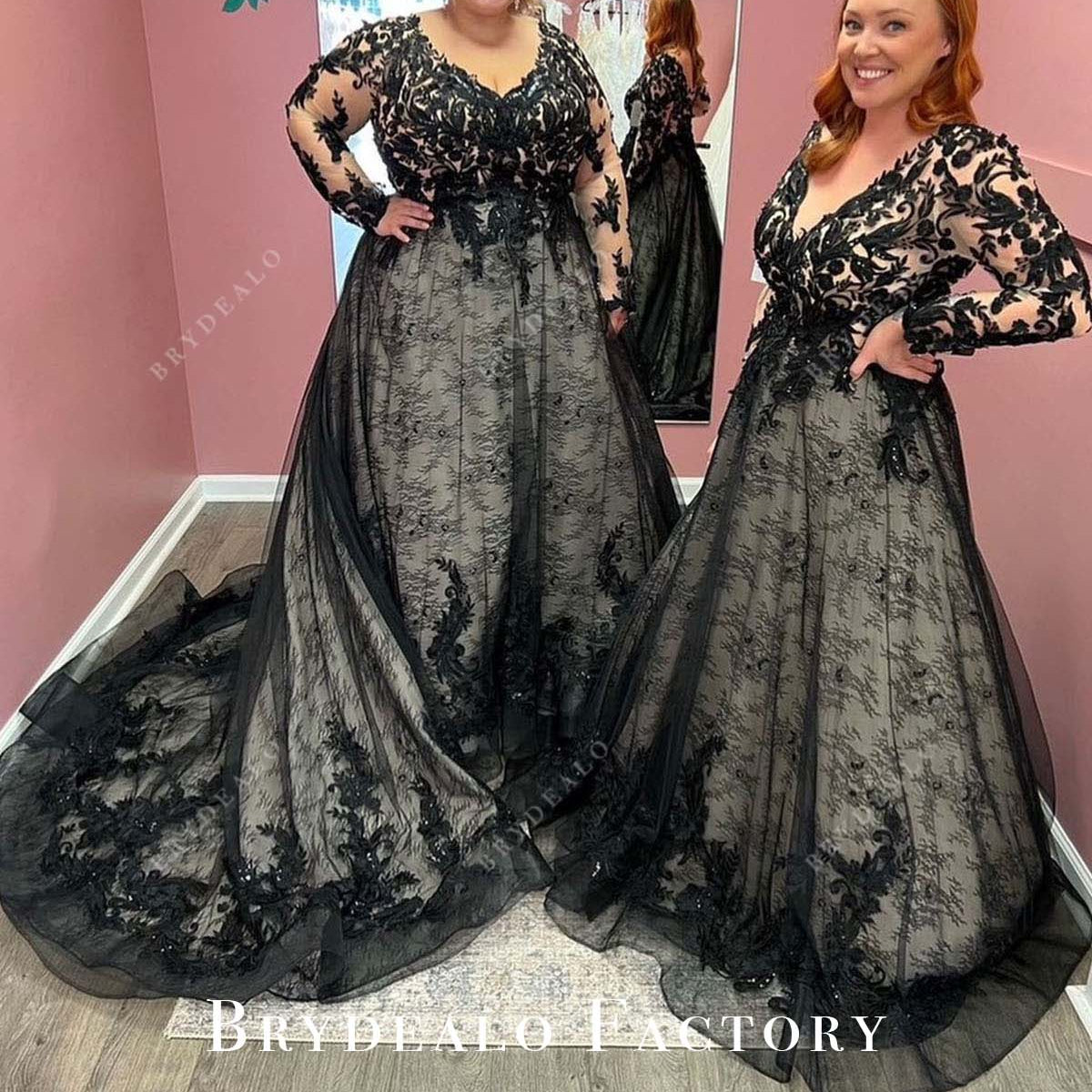 Plus Size Black Lace Long Sleeves Gothic Wedding Dress