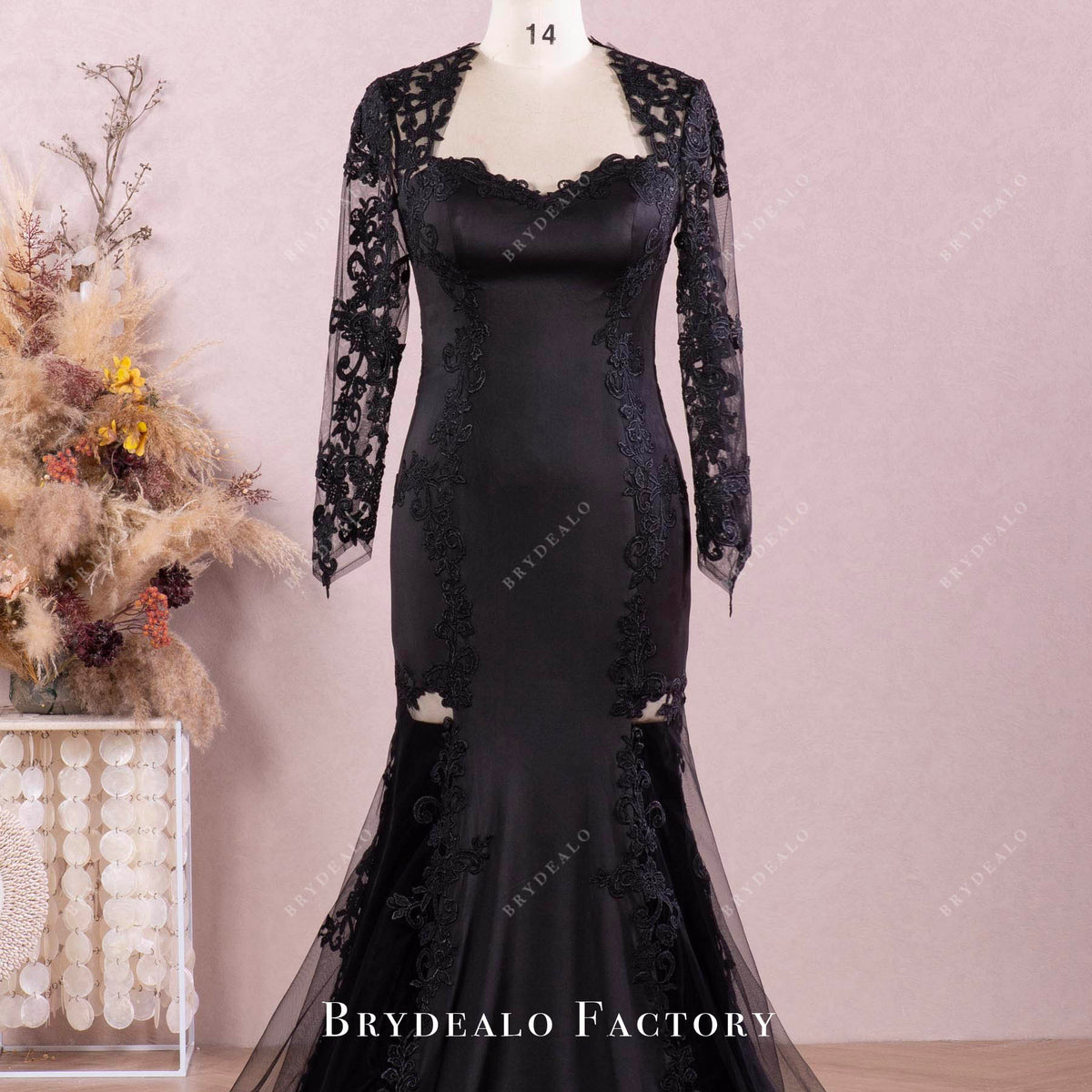 Sheer Sleeve Black Lace Illusion Back Gothic Mermaid Wedding Dress, Black Sheer Sleeve Black Lace Illusion Back Gothic Mermaid Wedding Dress, Black
