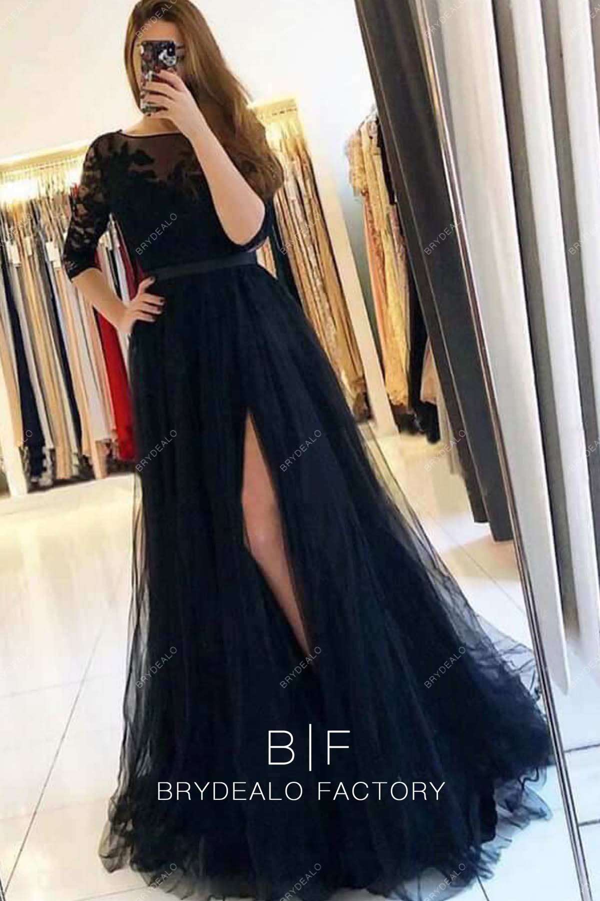 Sexy Slit Black 3/4 Sleeves Lace Tulle Evening Formal Dress