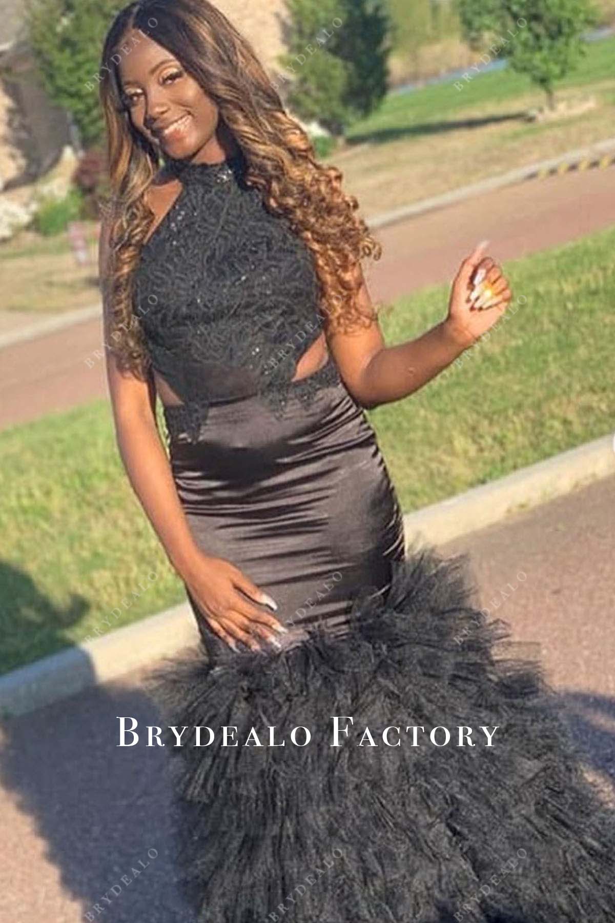 black lace sleeveless trumpet prom dress