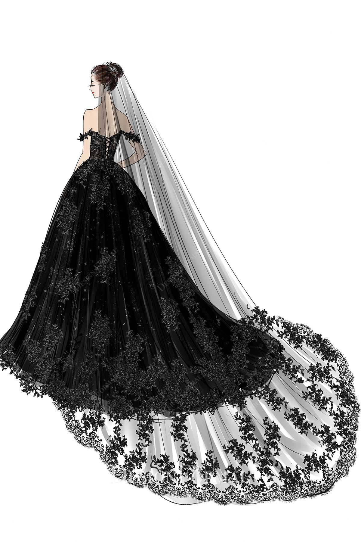 black lace tulle with veil wedding gown