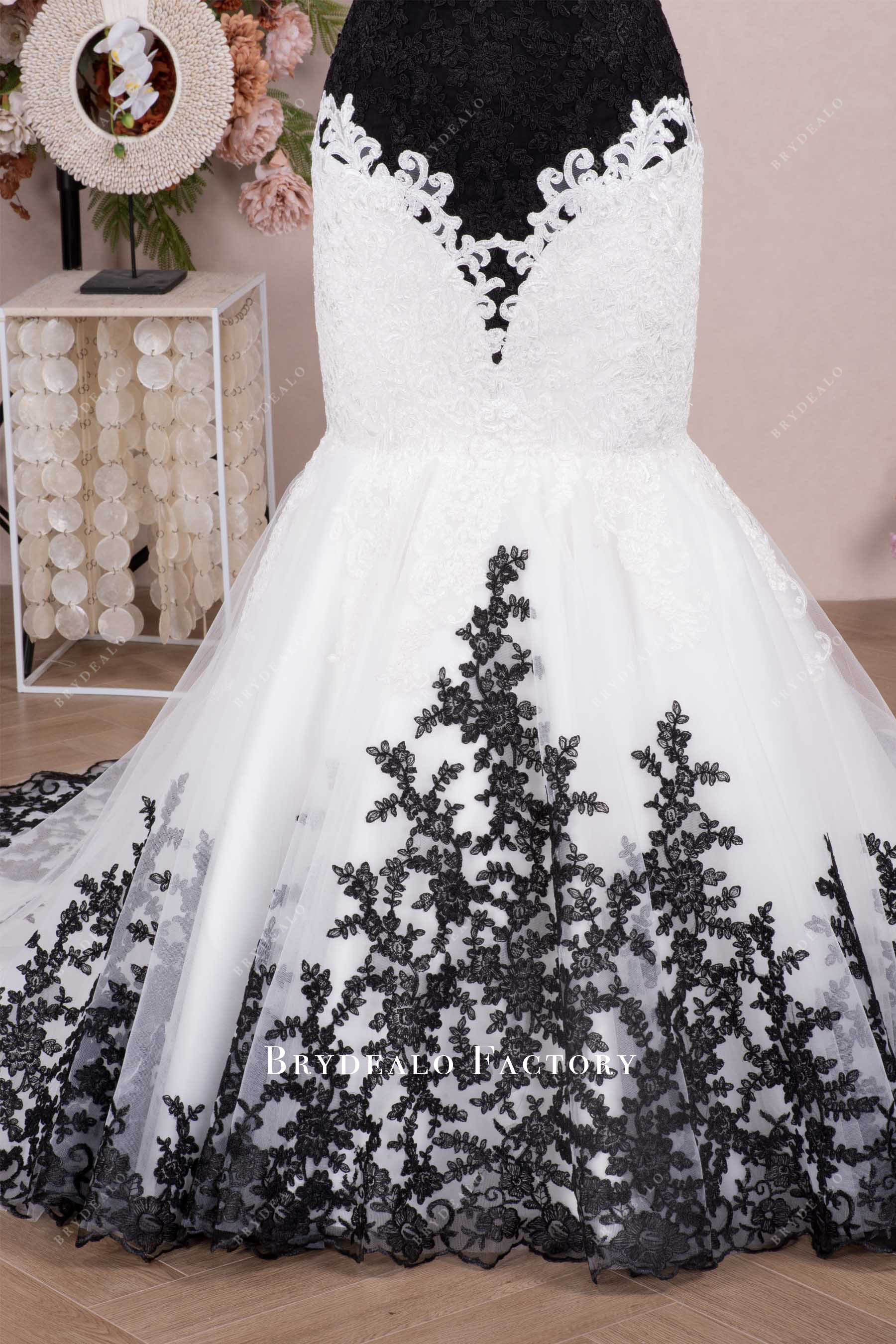 black lace white trumpet wedding dress