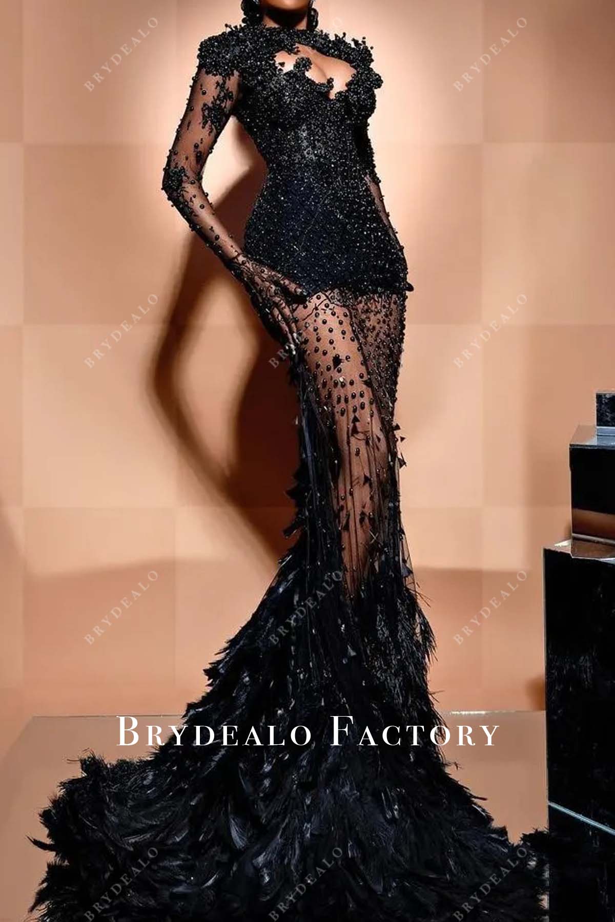 long sleeve fit and flare black pearls prom dress