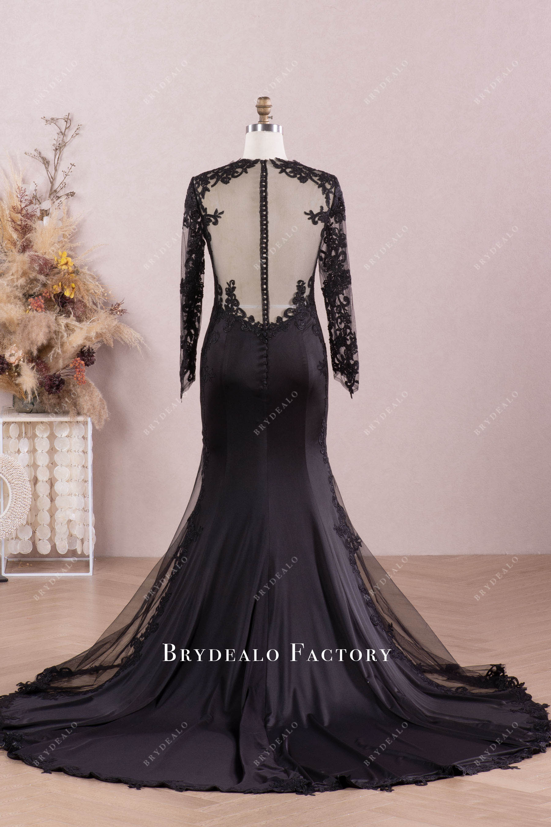 black long lace mermaid wedding dress