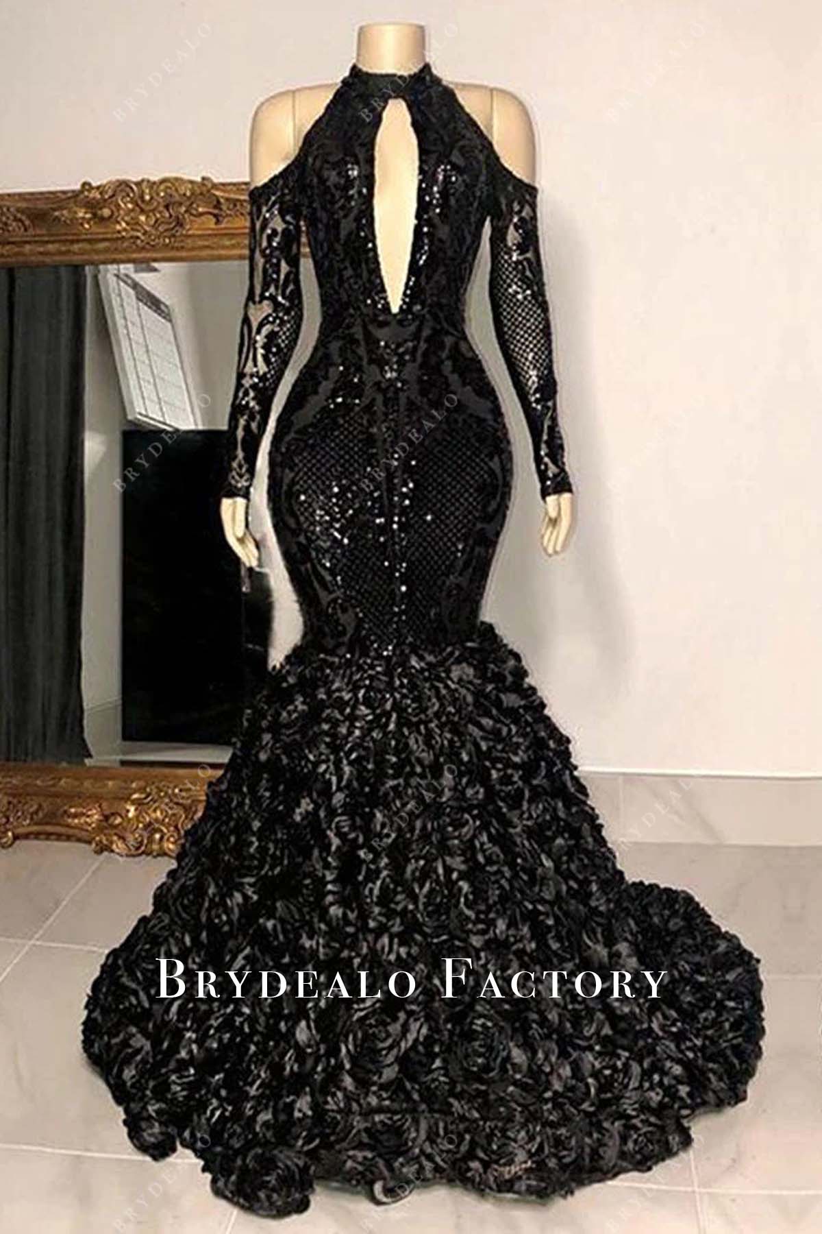 Black Sequin Off Shoulder 3D Roses Trumpet Prom Dress