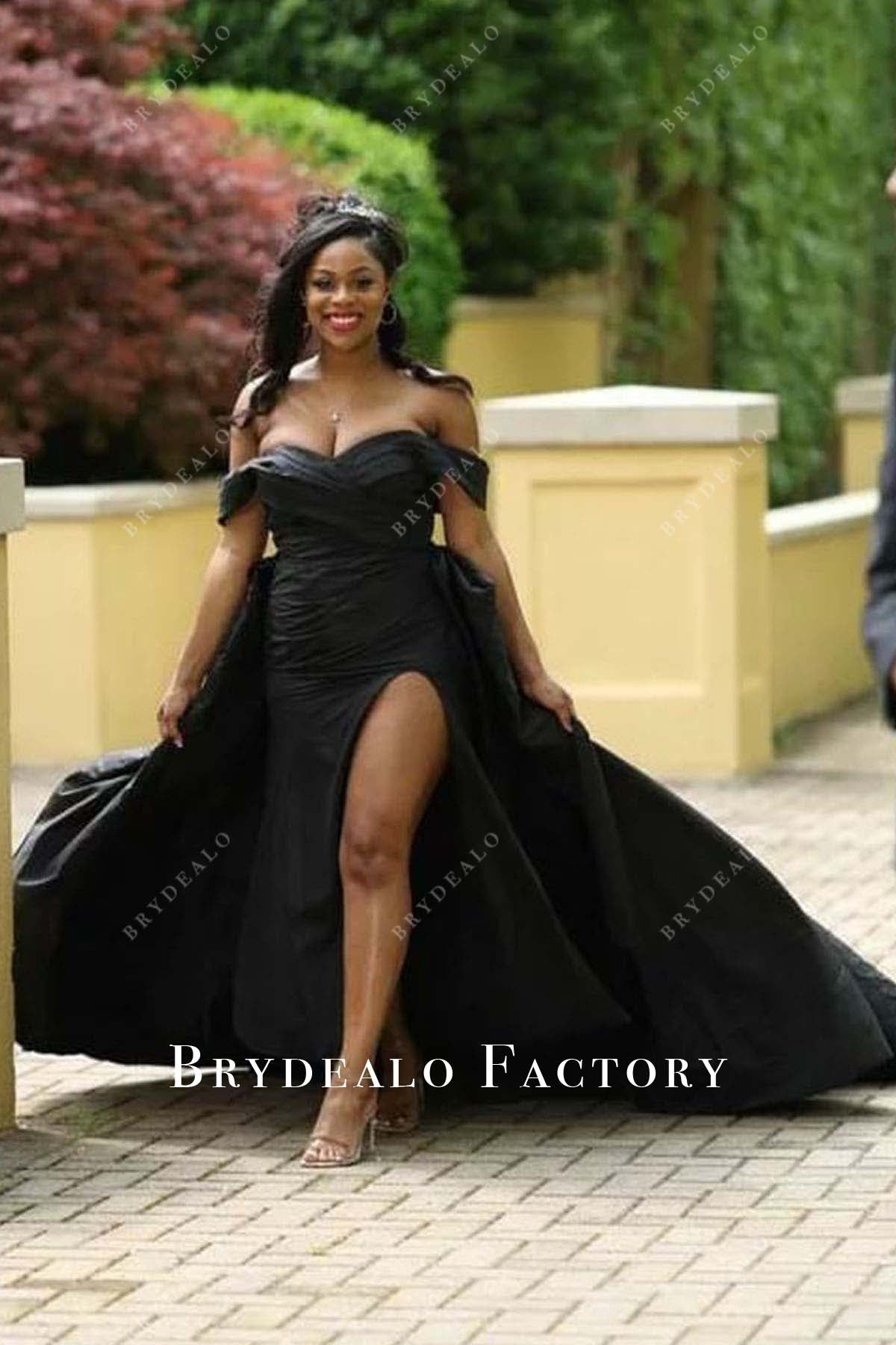 black off shoulder overskirt prom dress