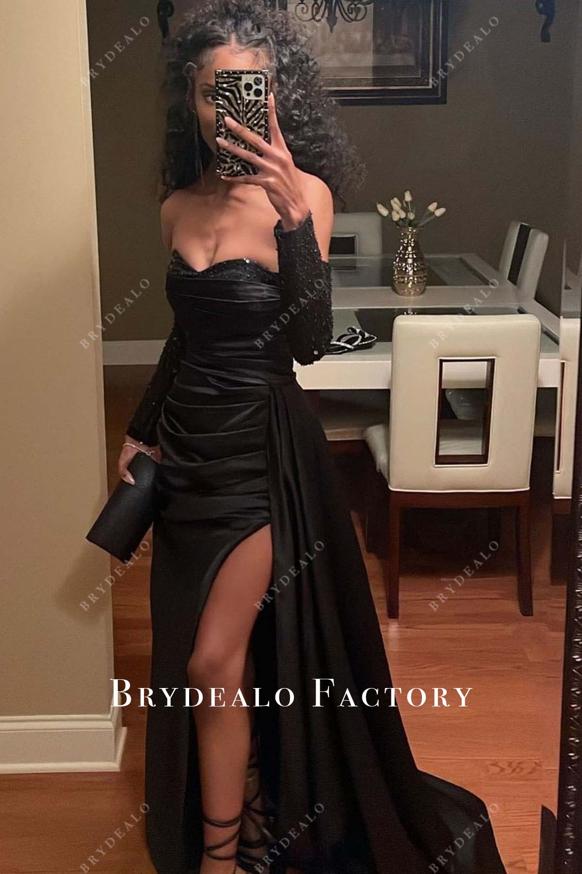 black off shoulder slit prom dress