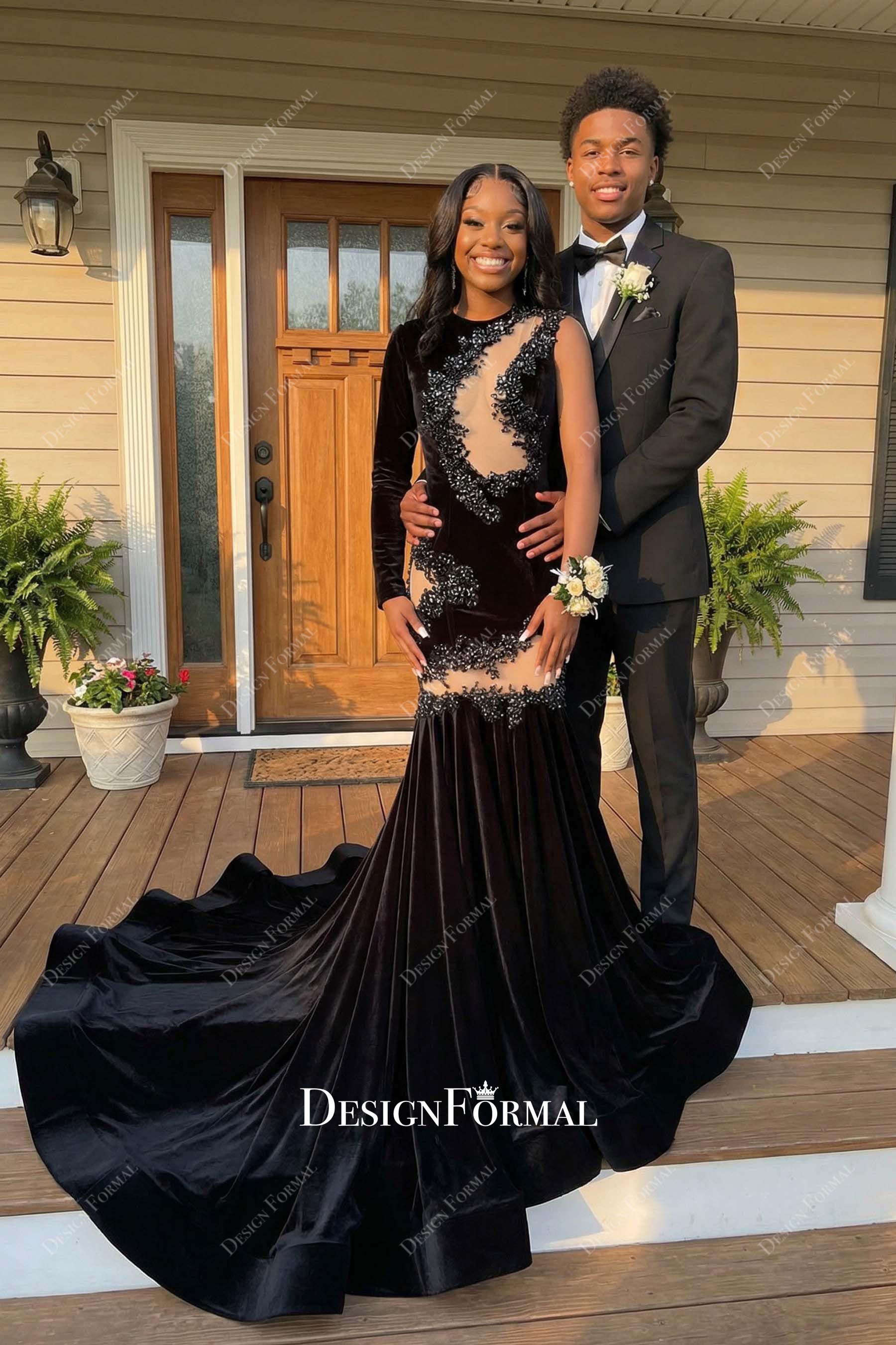 black one sleeve trumpet prom dress