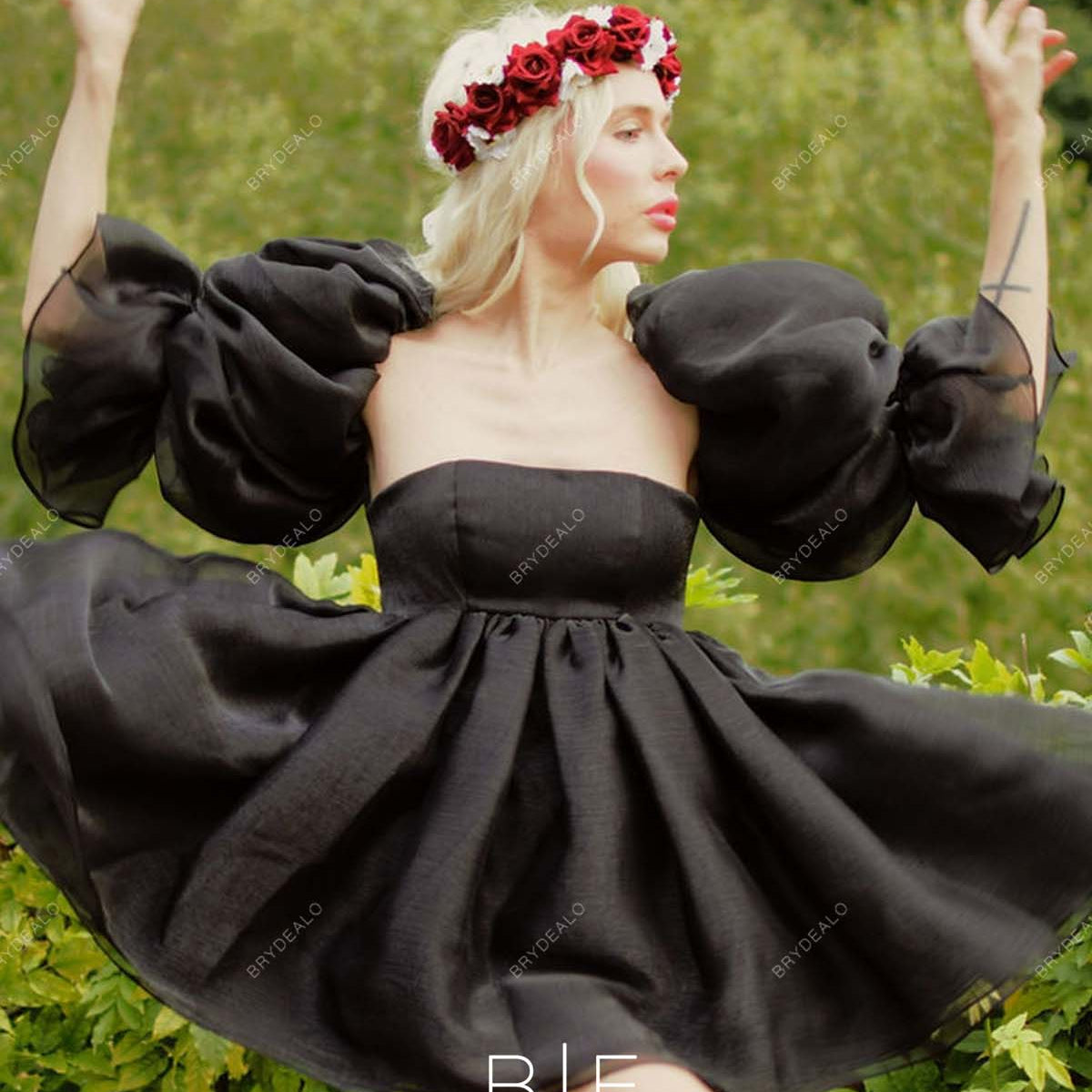Black Organza Marie Sleeve Off Shoulder Short Homecoming Graduation Dress