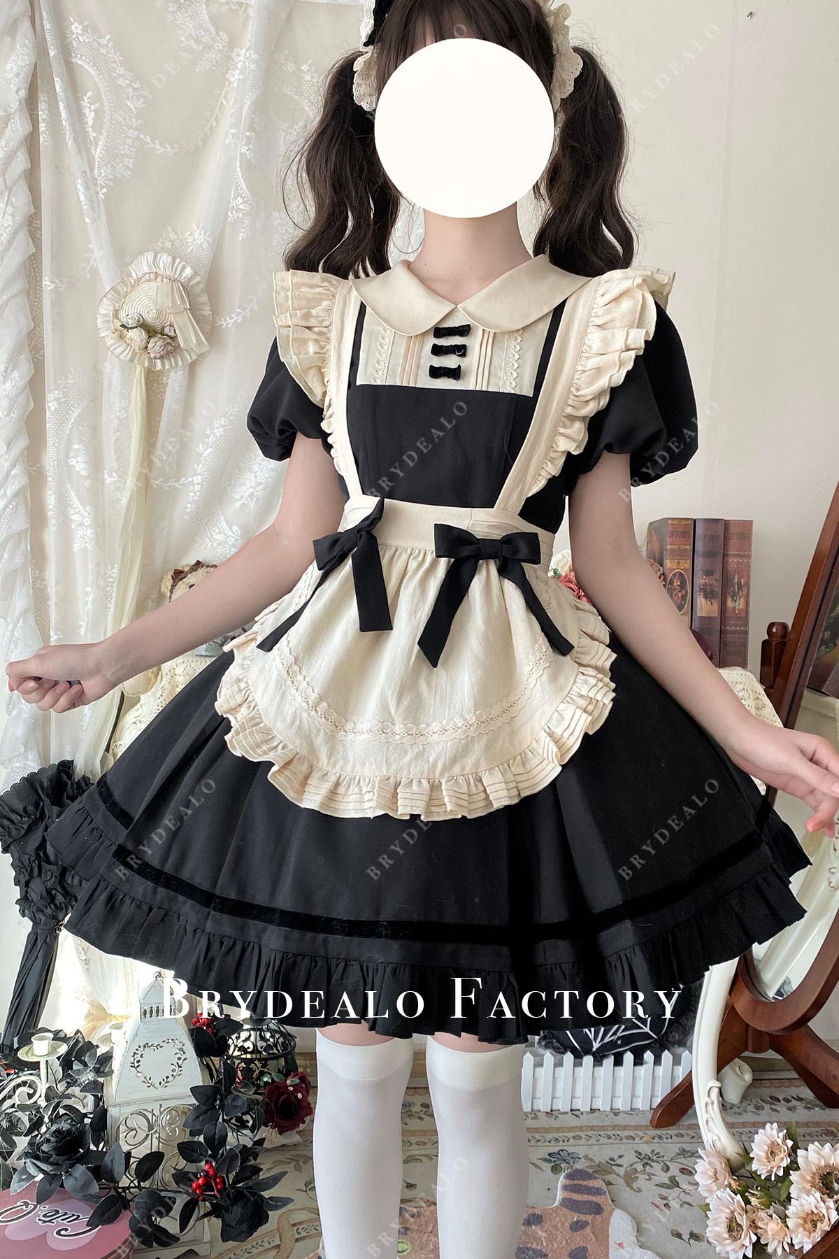 black puffy a line maid lolita dress