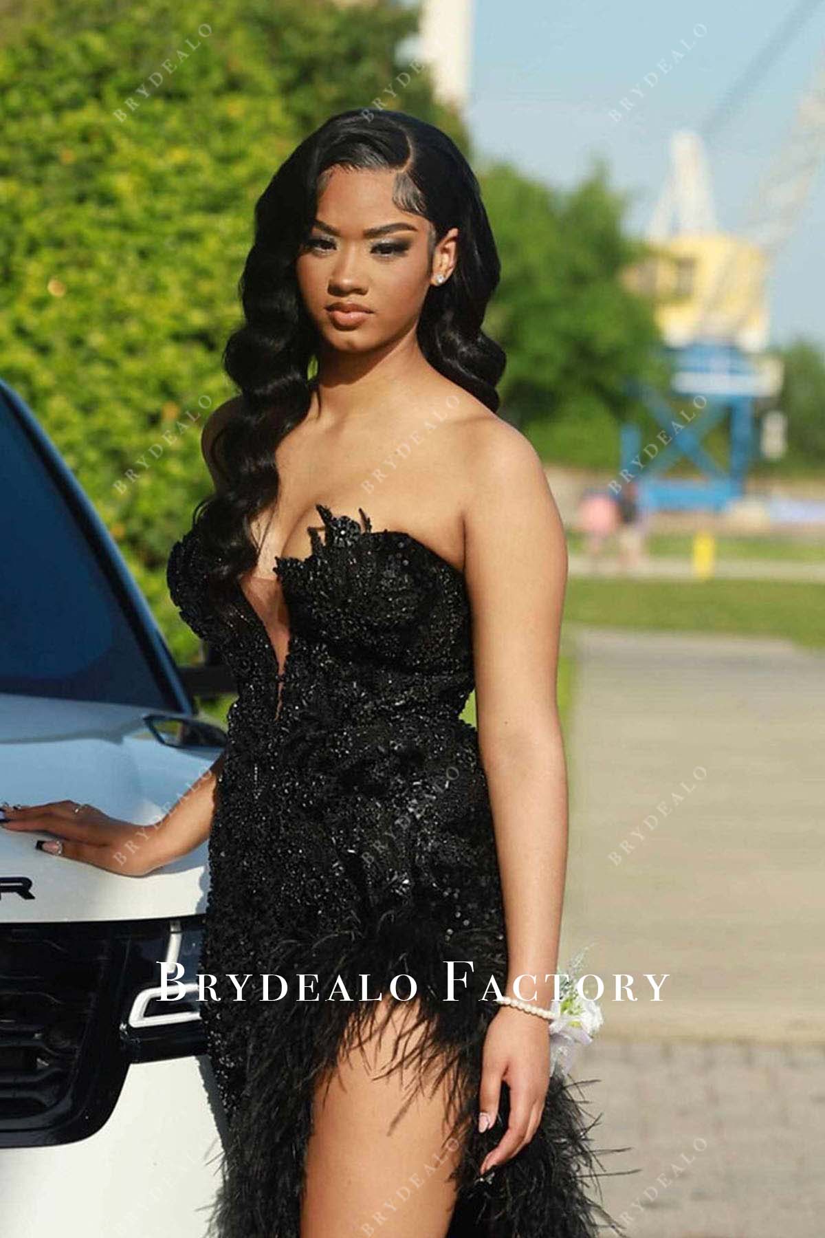 black rhinestones strapless prom dress