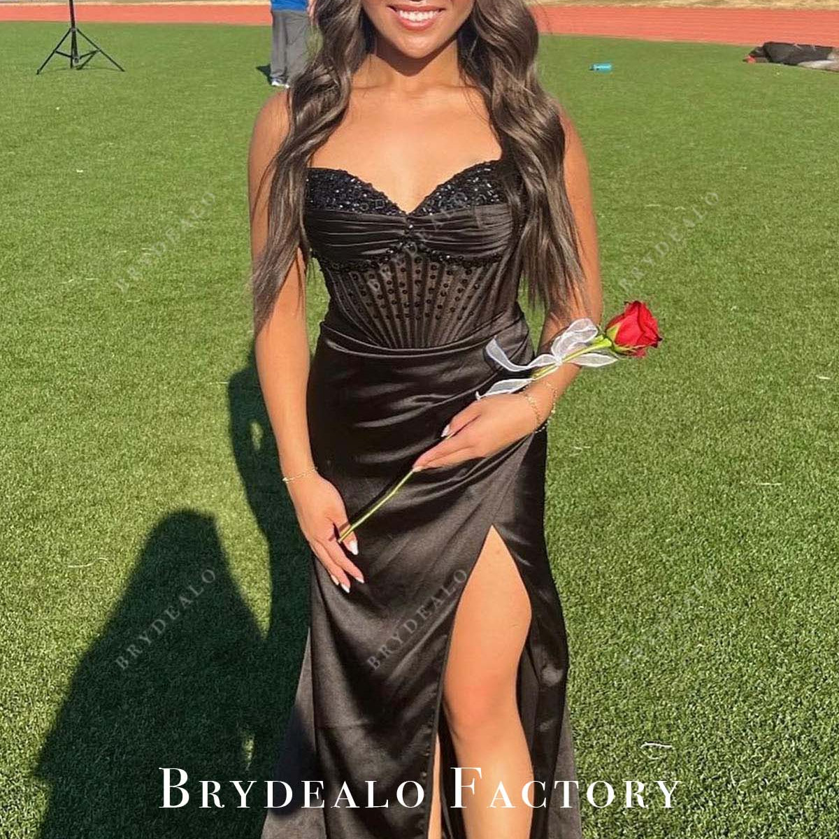 Black Satin Strapless Shimmer Corset Slit Homecoming Dress