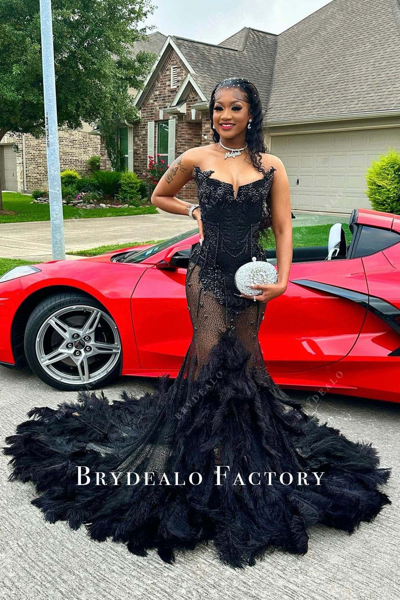 Black Rhinestones Strapless Trumpet Feathered Prom Dress