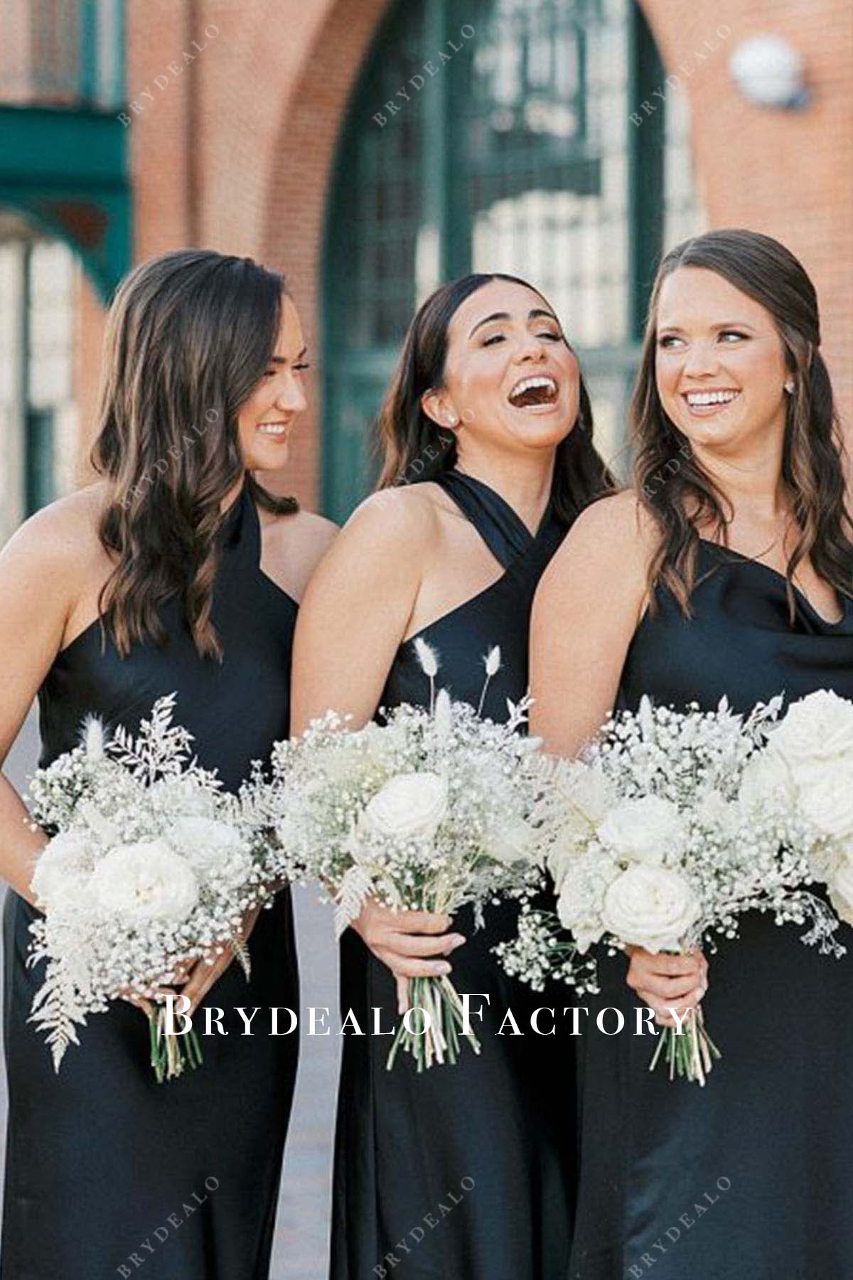 black satin sleeveless mismatched bridesmaid dresses