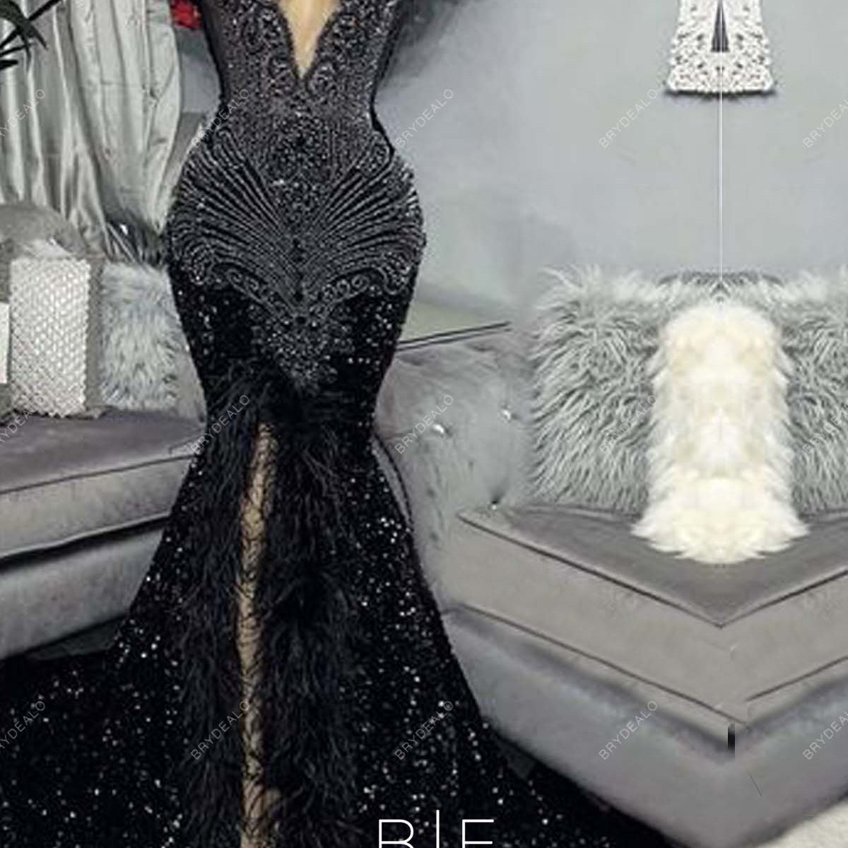 black rhinestone mermaid dress Sexy Slit Mermaid Sleeveless Black Sequin Rhinestone Prom Dress