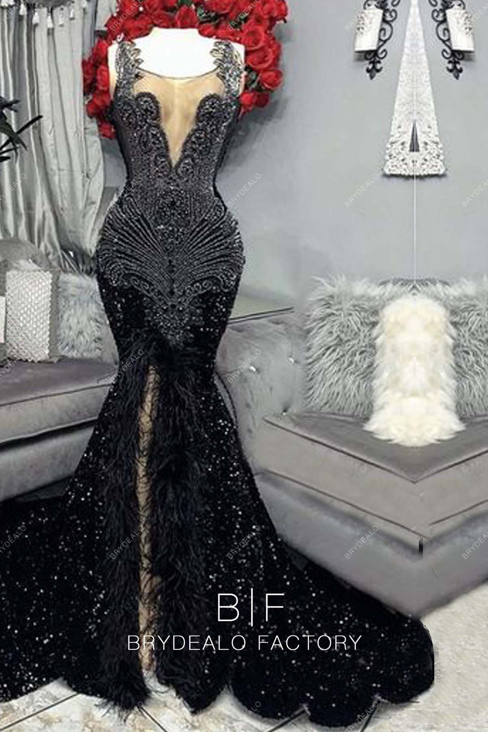 Sexy Slit Mermaid Sleeveless Black Sequin Rhinestone Prom Dress