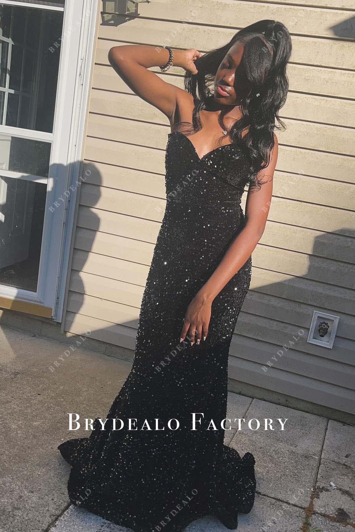 black sequined fit and flare prom dress