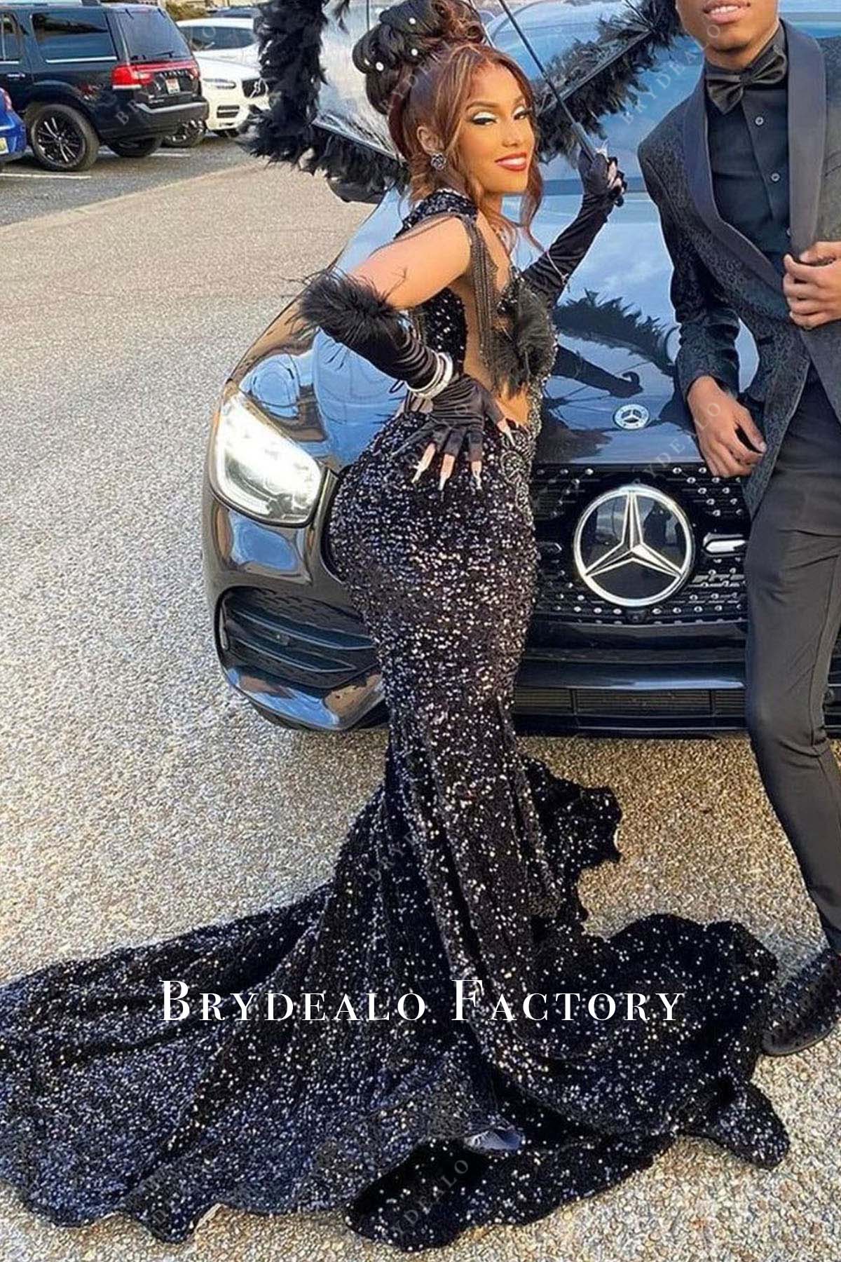 black sequined mermaid prom dress