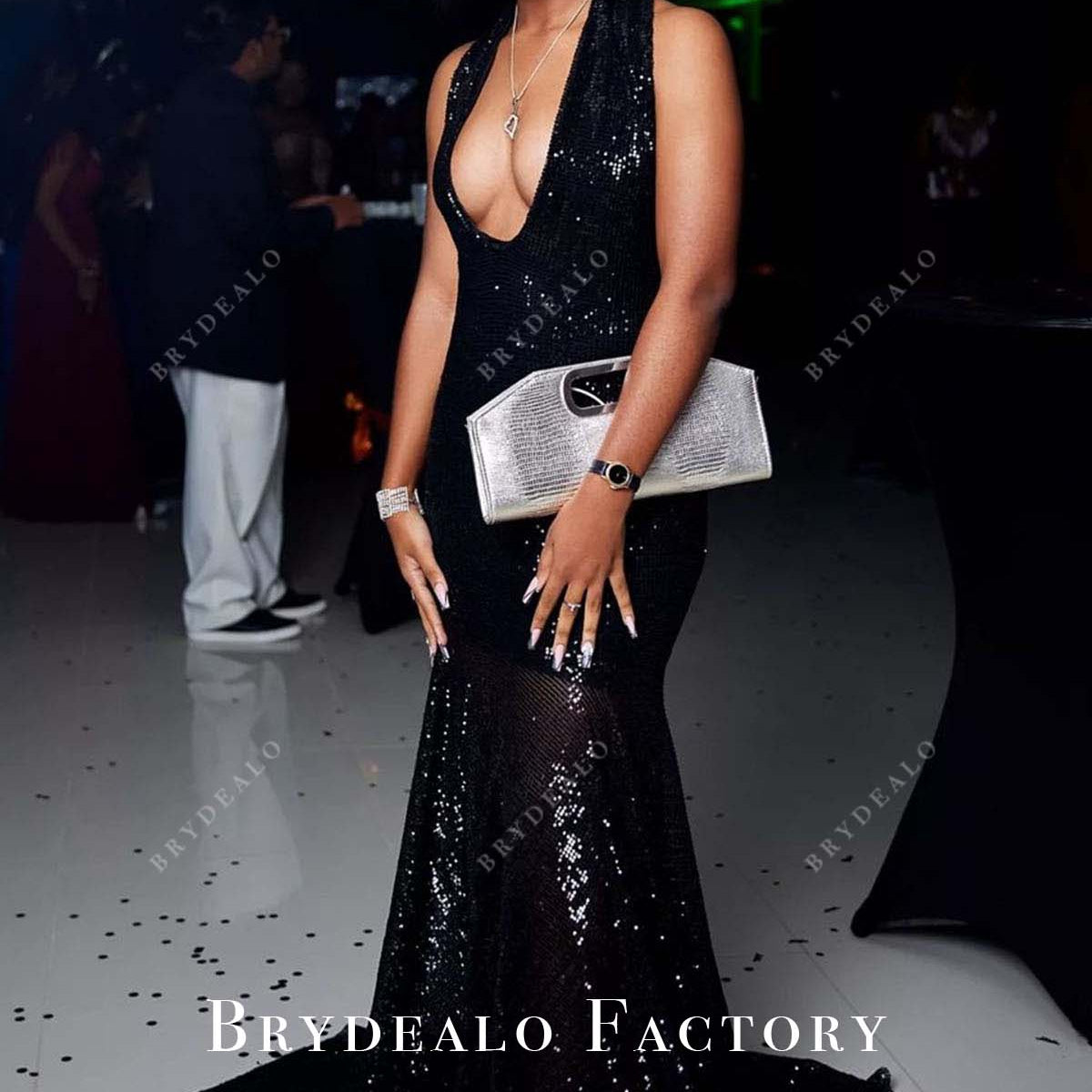 Black Sequined Halter Mermaid Long Train Prom Dress