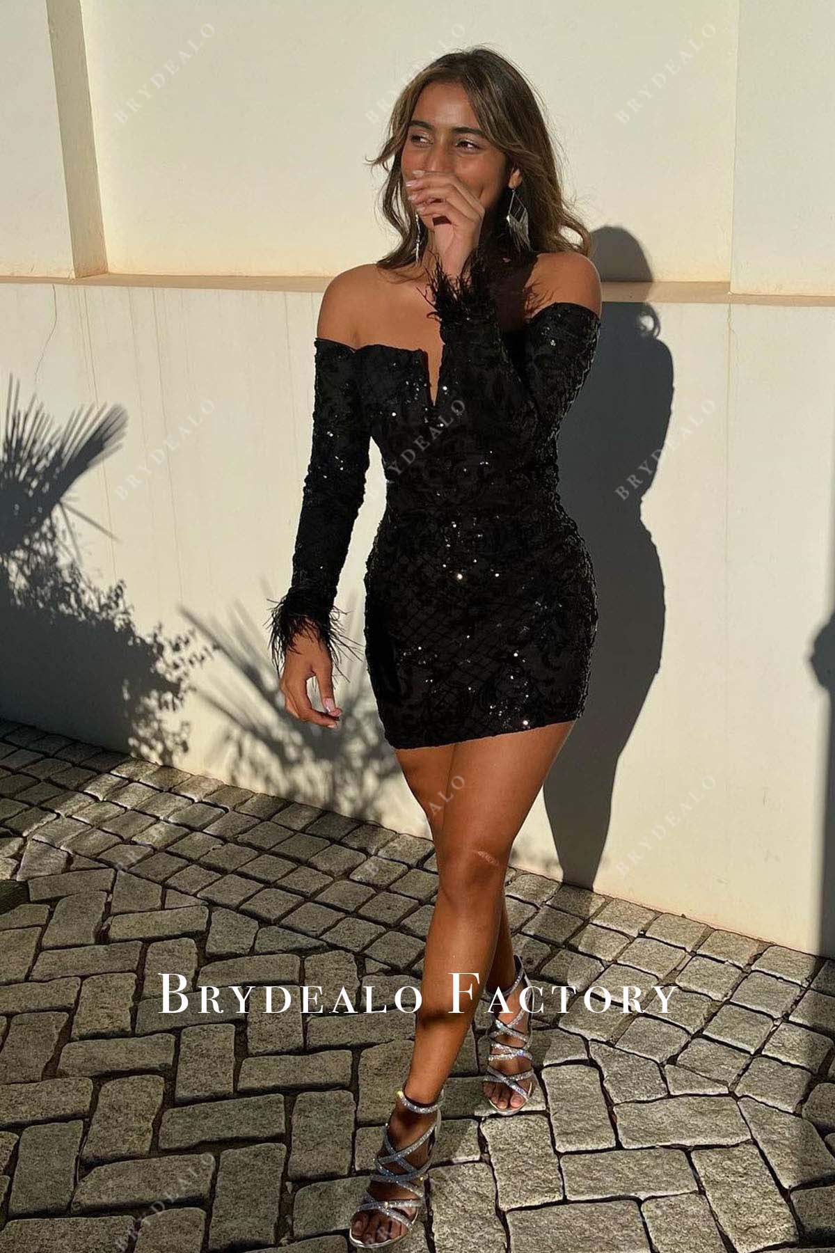 black sequined off shoulder homecoming dress