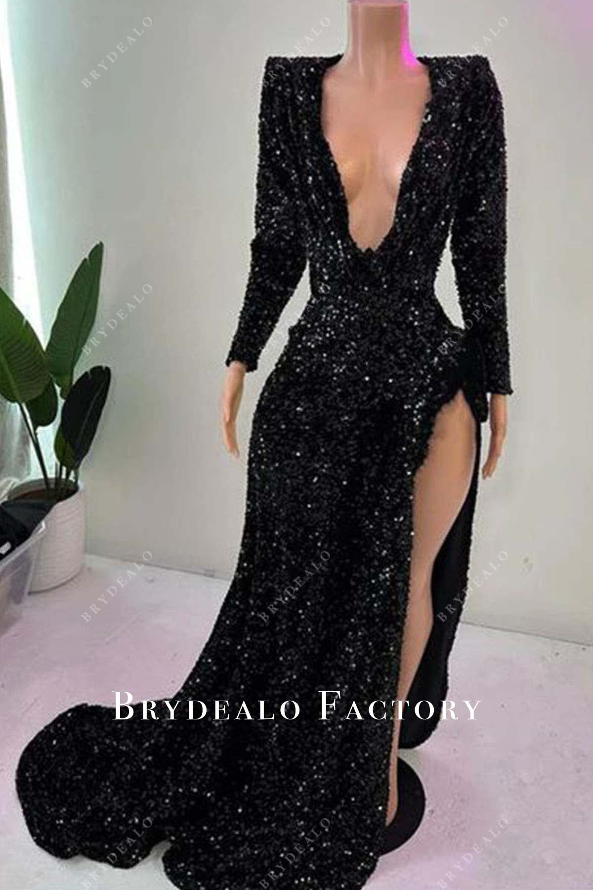 black sequined plunging neck prom dress