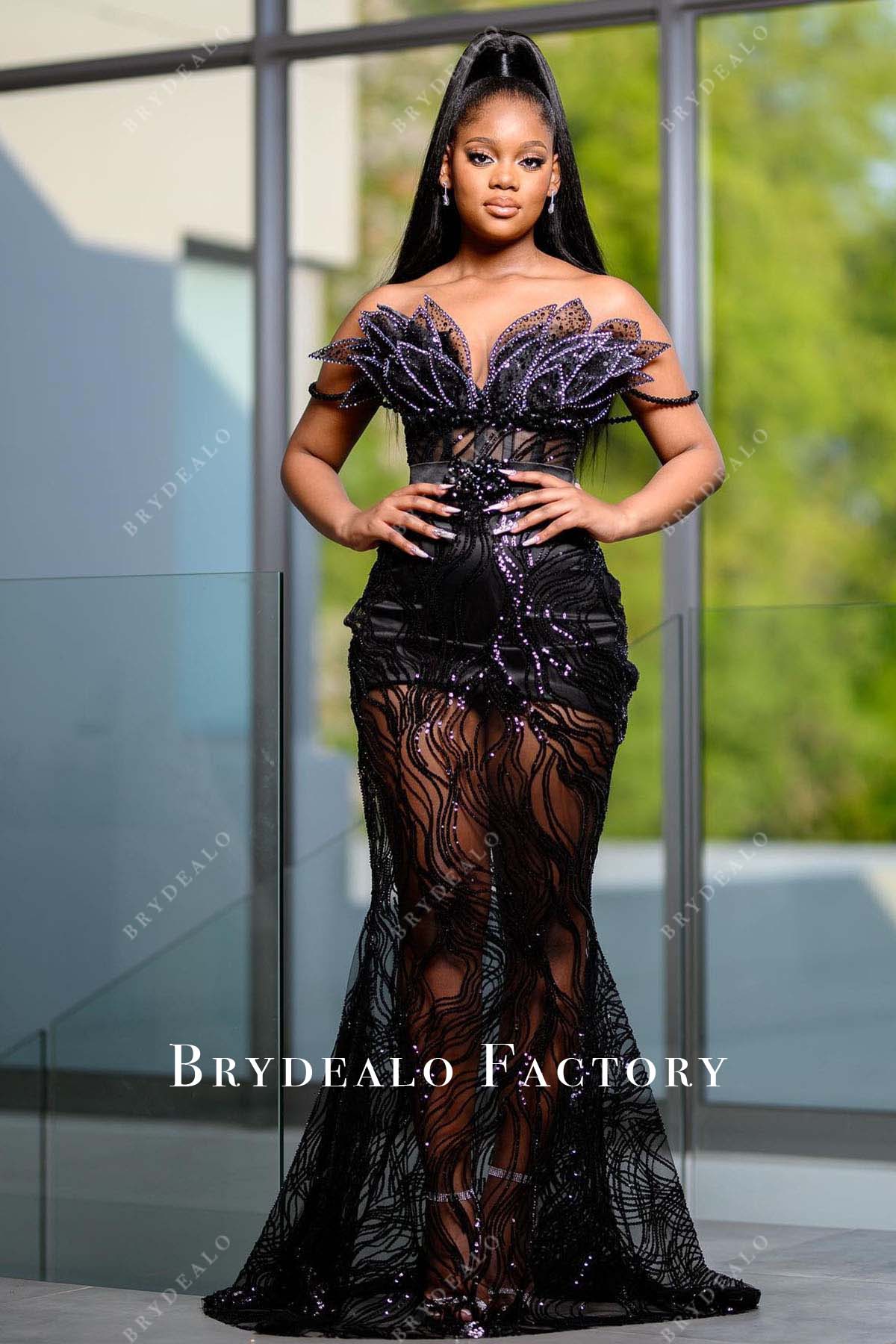 black sequined sheer mermaid prom dress